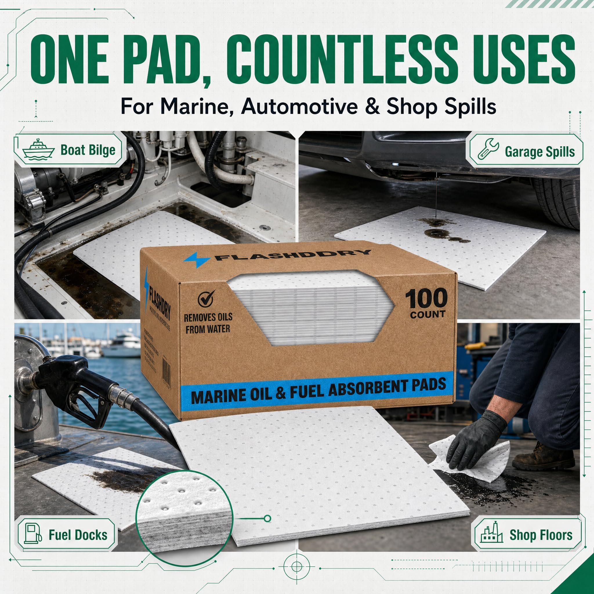 FLASHDRY Almohadillas absorbentes de Aceite Marino y derrames de Combustible – Caja de 100 Unidades, 17.5 x 13.5 Pulgadas, Repelente al Agua, Control eficaz de derrames, protección Marina, Alto