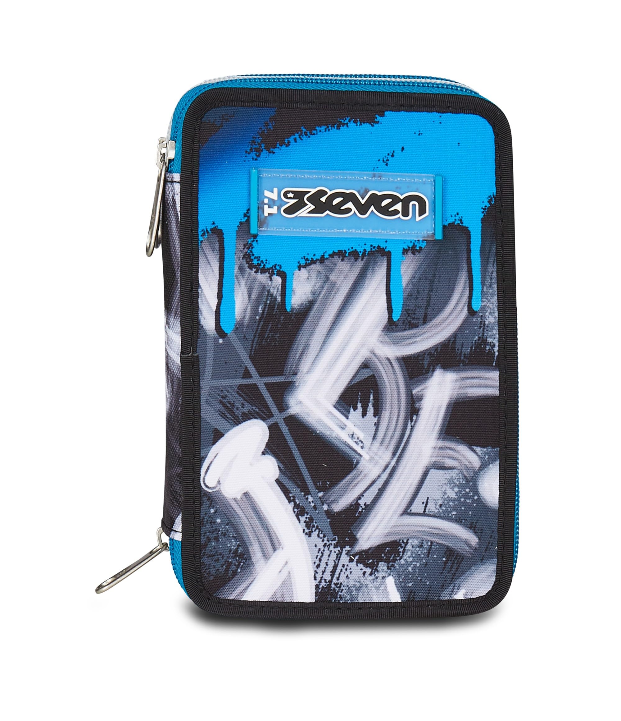 Seven Astuccio Scuola 3 Zip Portapenne Triplo Scomparto Grigio Azzurro