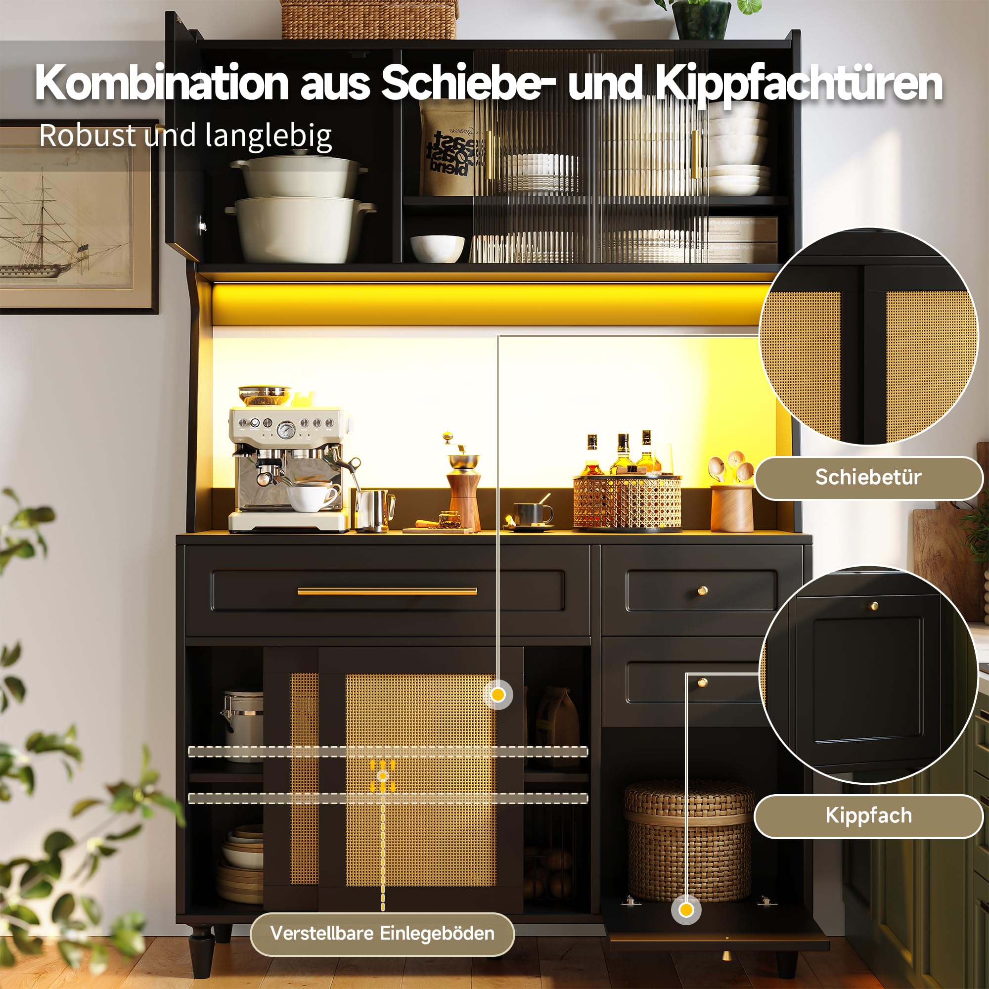 Küchenschrank, Hochschrank,Vitrinenschrank, Buffetschrank mit Verstellbaren Ablagen, Esszimmerschrank mit 3 Schubladen,Sideboard mit LED-Beleuchtung, PE-Rattan, schwarz