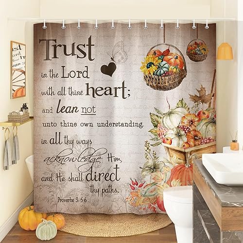 Miniatura 3 de Cortina de ducha de árboles de arce otoñal, cortinas de ducha de calabaza de cosecha, árboles de hoja caduca, hojas de temporada, camino a través