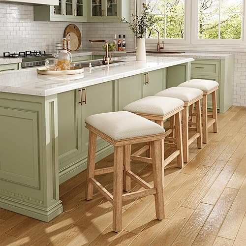 Miniatura 30 de MAISON ARTS Juego de 2 taburetes de bar beige para encimera de cocina, patas de madera maciza con asiento de cuero sintético, taburetes de bar de