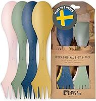 Light My Fire Spork Original 4-Pack: 3-in-1 BPA-Free Spoon Fork Knife Combo for Camping Hiking Travel Reusable Eco Utensils