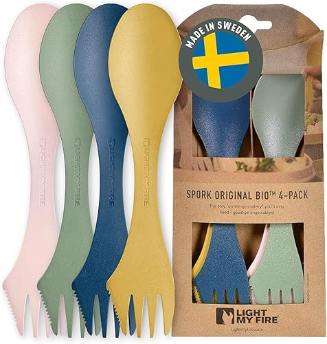 Light My Fire Spork Original - Juego de 4 cuchillos 3 en 1 con cucharas y tenedores para acampar, reutilizables, utensilios de viaje y campamento,