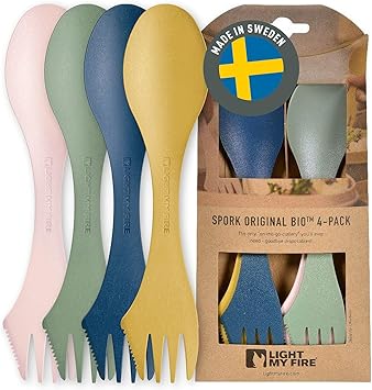 Light My Fire Spork Original 4-Pack 3-in-1 Camping Spoon Fork Knife Combo Reusable Travel & Camping Utensils Lunch Spork Outdoor Backpacking Hiking Picnic Utensil BPA Free, Nature