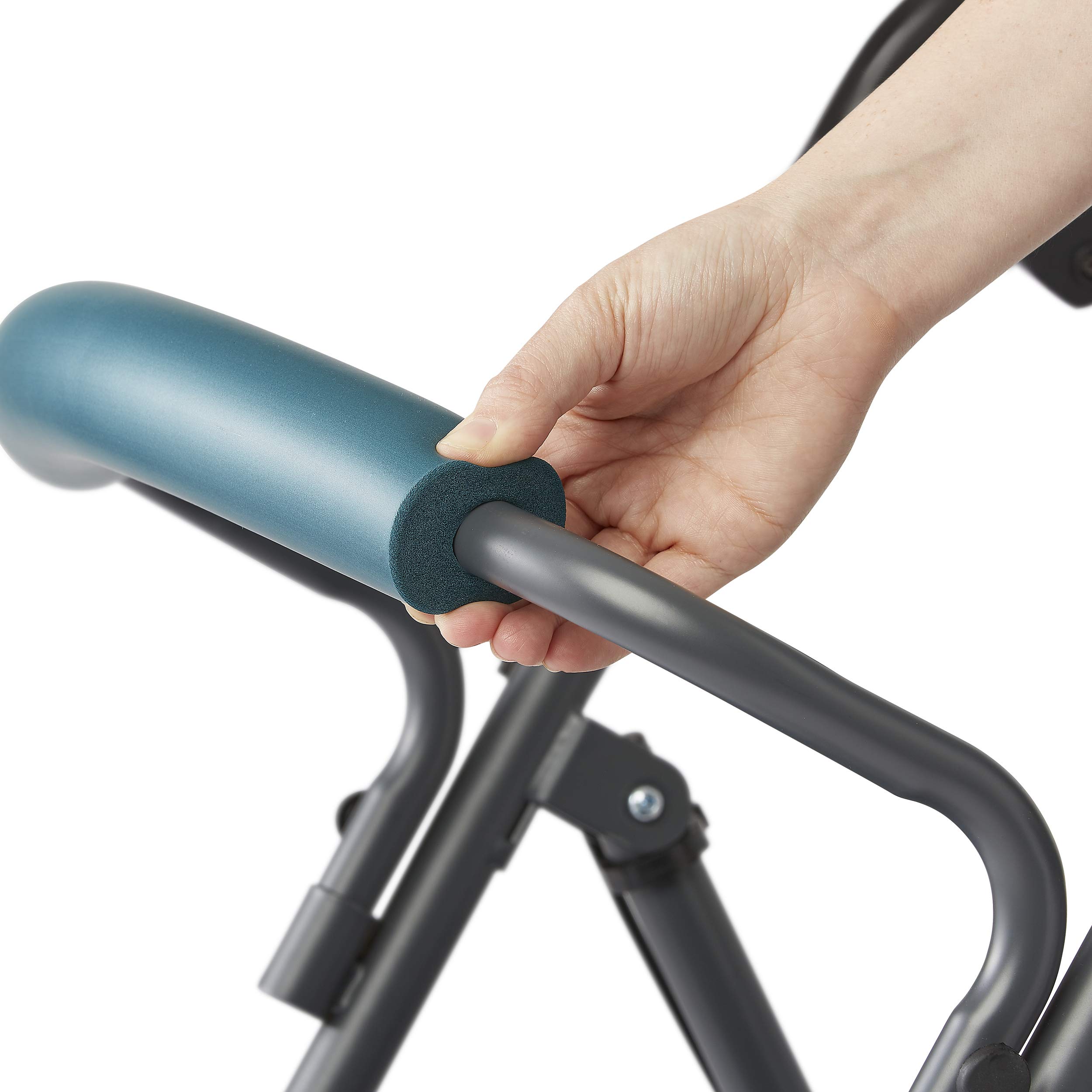 Medline Andador con asiento y ruedas, andador plegable para personas mayores con protección Microban, marco de acero duradero que soporta hasta 350 libras, ruedas de 6 pulgadas, verde azulado