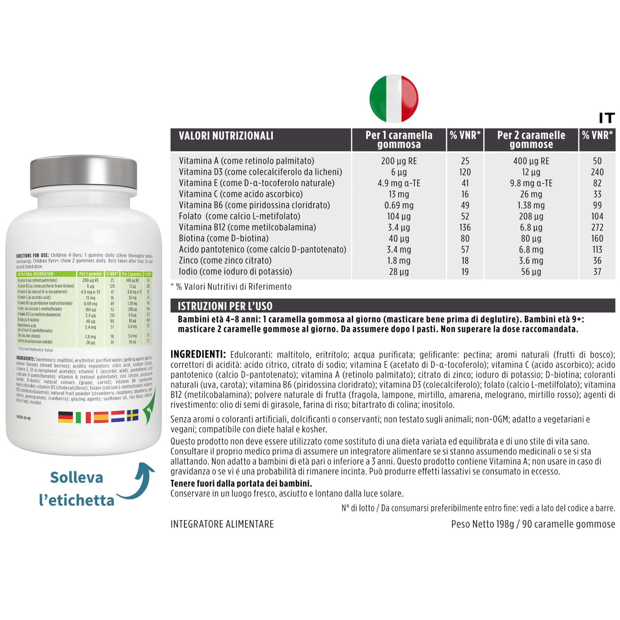 Multivitaminico Metilato per Bambini Età 4+, Vitamine Gommose Senza Zucchero con Vitamine B Biodisponibili e Vitamina D, Ingredienti Puri e Testasti da Terzi, 90 Caramelle ai Frutti di Bosco, Igennus