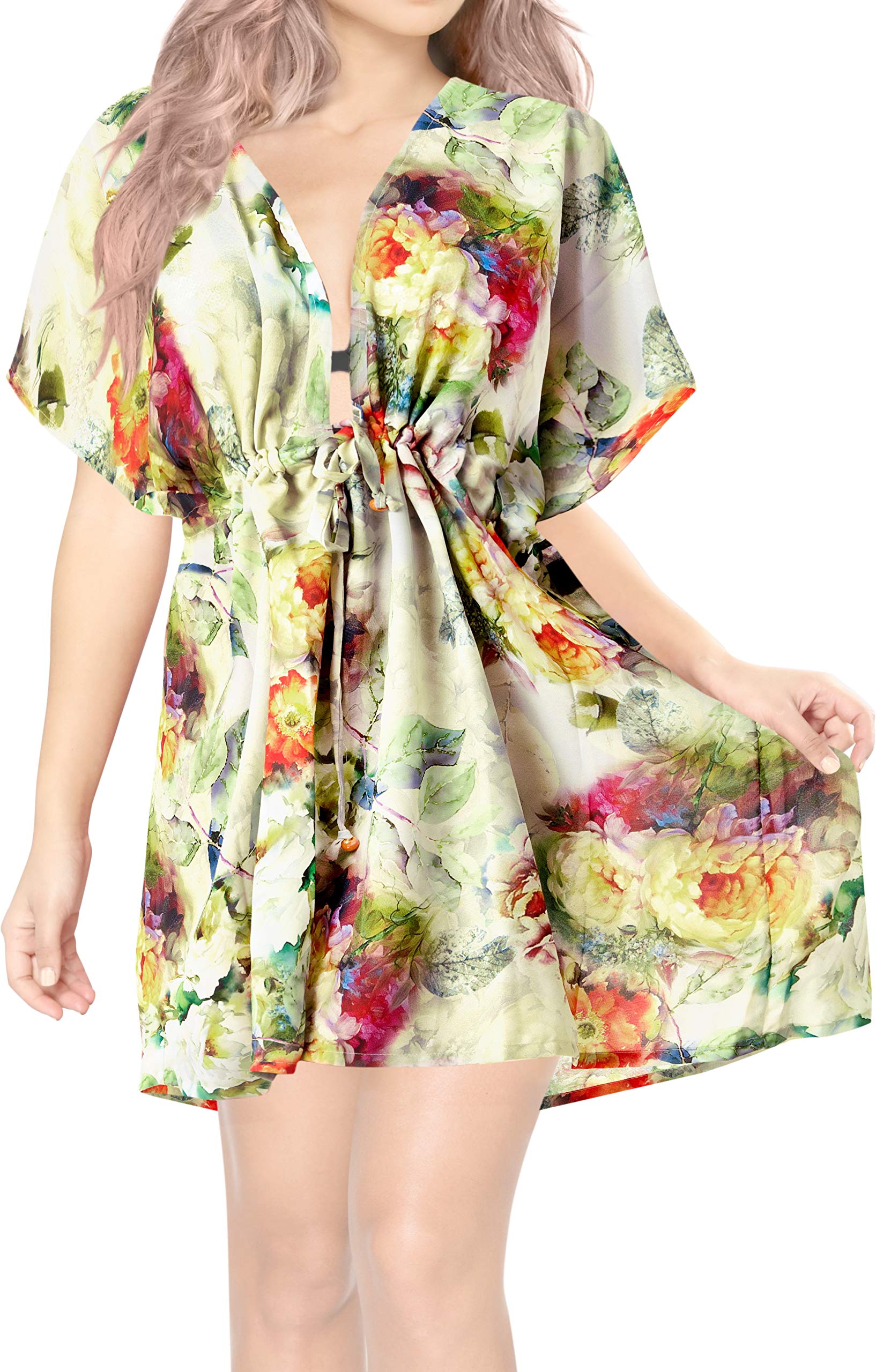 LA LEELA Women's Mini Beach Tropical Dress Swimsuit V Neck Tops Cover Ups for Swimwear Women