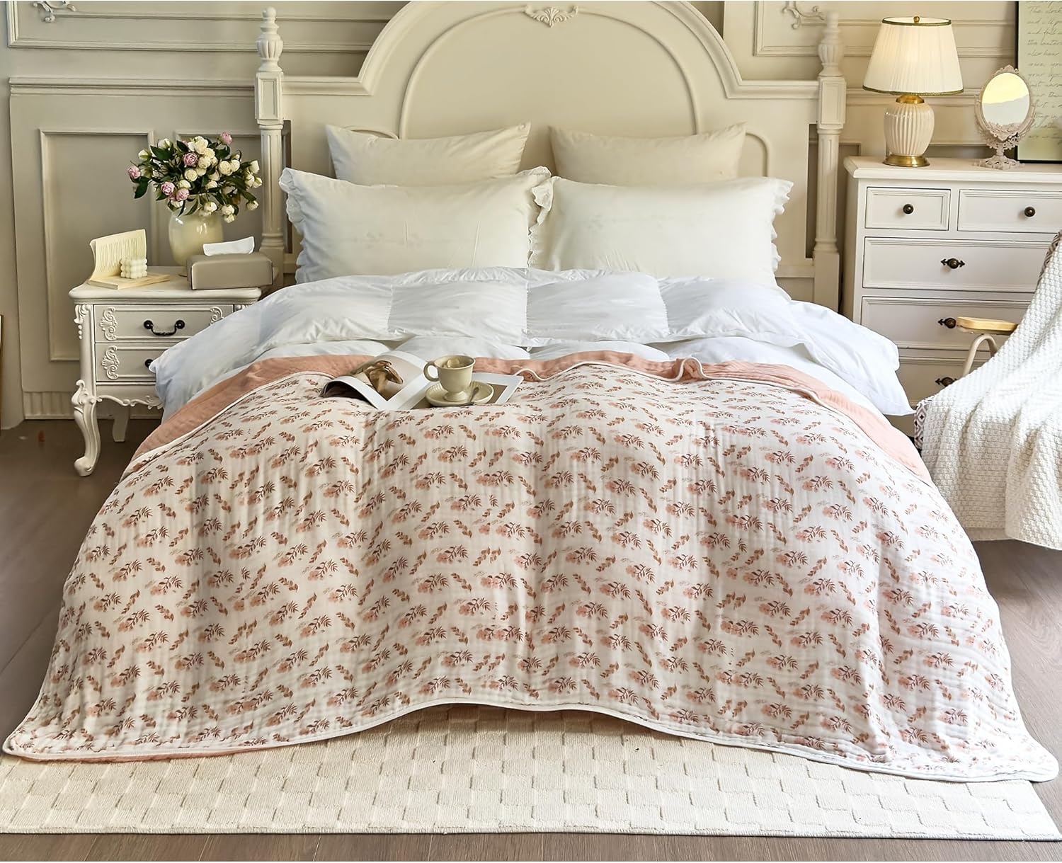 SANACYNA Muslin Blankets 100% Cotton 6-Layer Gauze Queen Floral Bed Blanket Lightweight Soft Breathable Blanket for Sofa Bed Coverlet Both Sides (Floral, Queen 90" X 90")