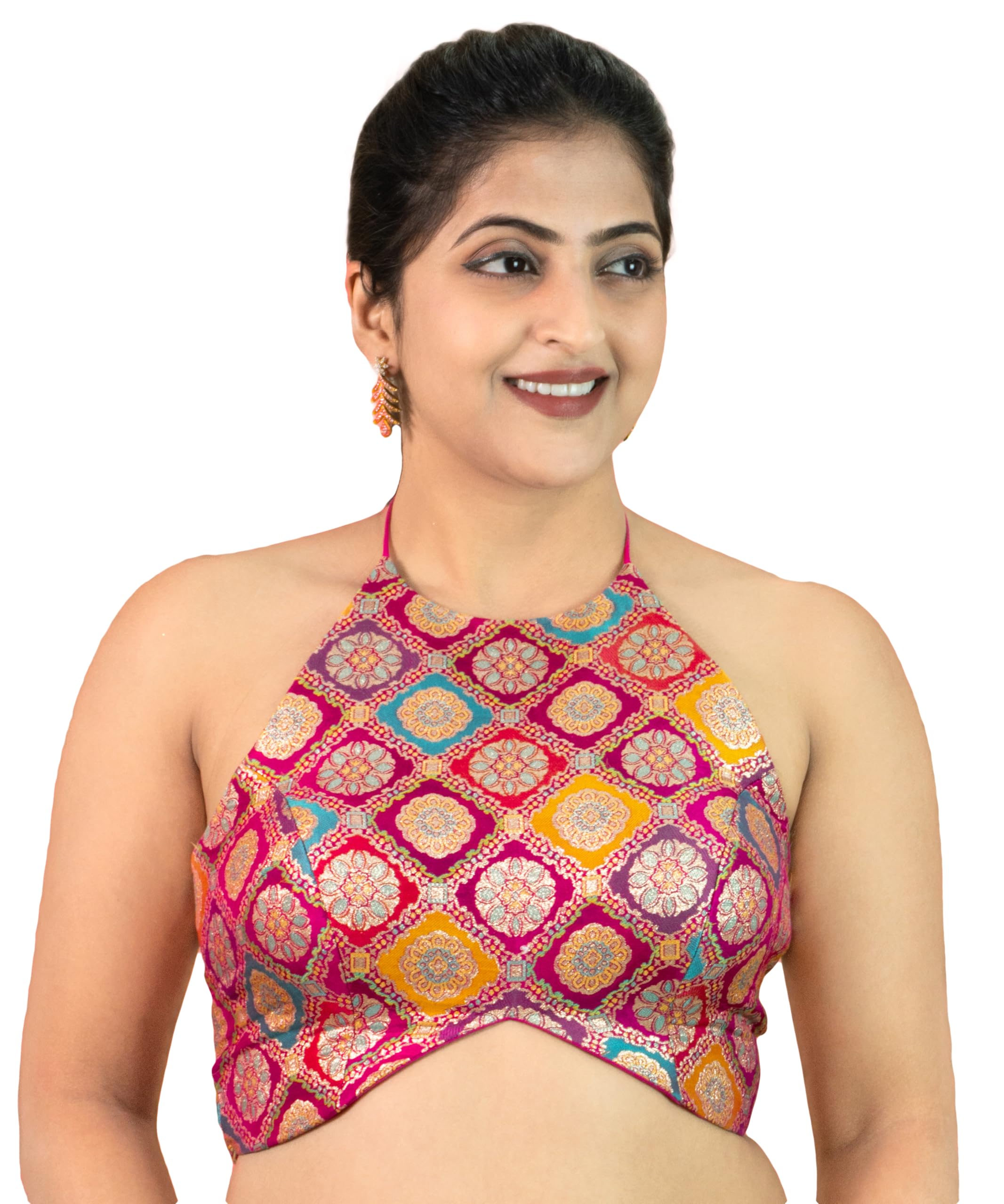 figure's designer Women's Brocade Sleeveless Halter Neck Jacquard Printed Pattern Back Dori Embroidered Floral Design Readymade Saree Blouse Orange Maroon Green Blue Rani SB3-picture-28