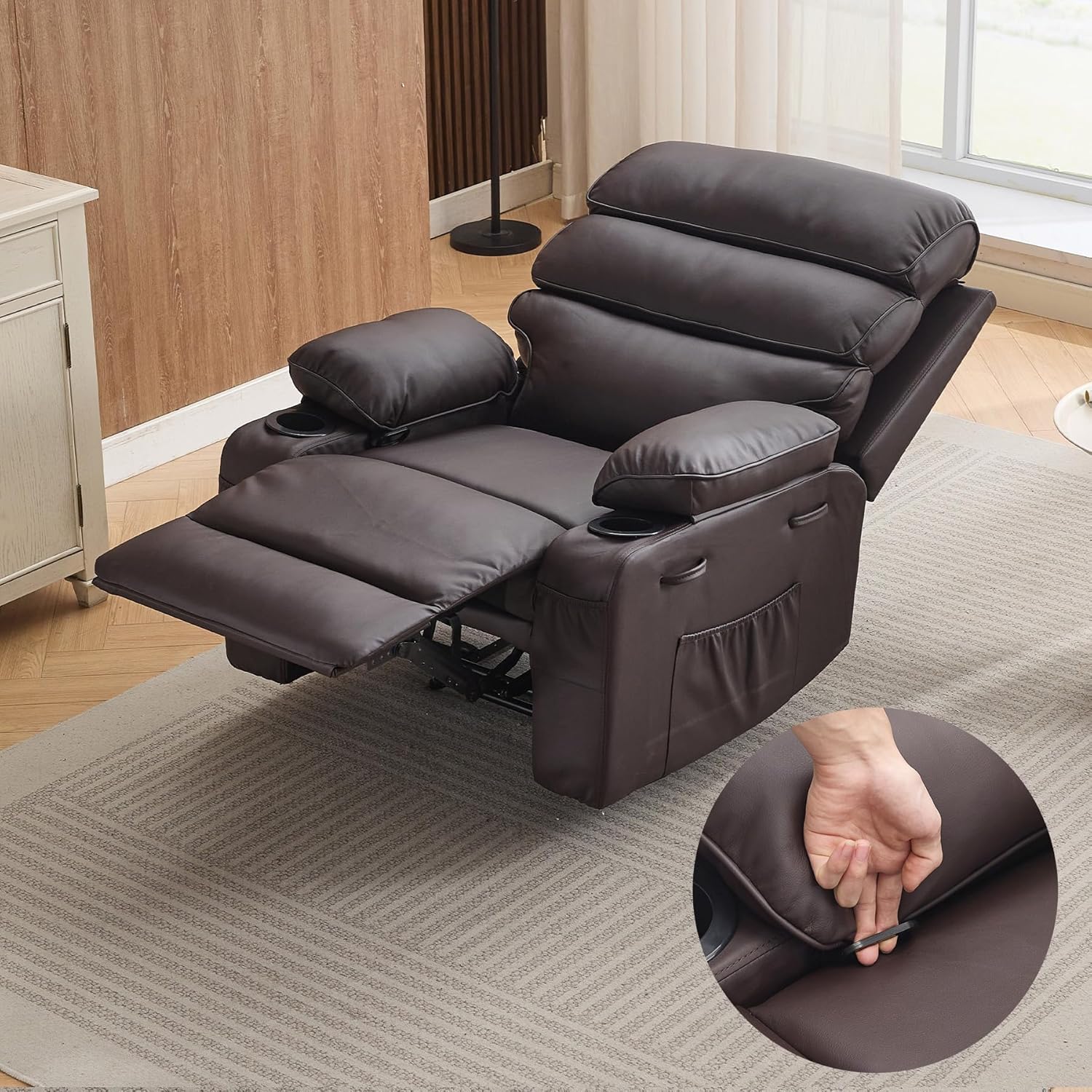 Garvee PU Leather Manual Recliner Chair with Massage and Heat, 27" Extra Wide Seat, 400 lbs Capacity, Thickened Sponge Armrests and Back, Cup Holders & Side Pocket, Living Room or Bedroom, Dark Brown