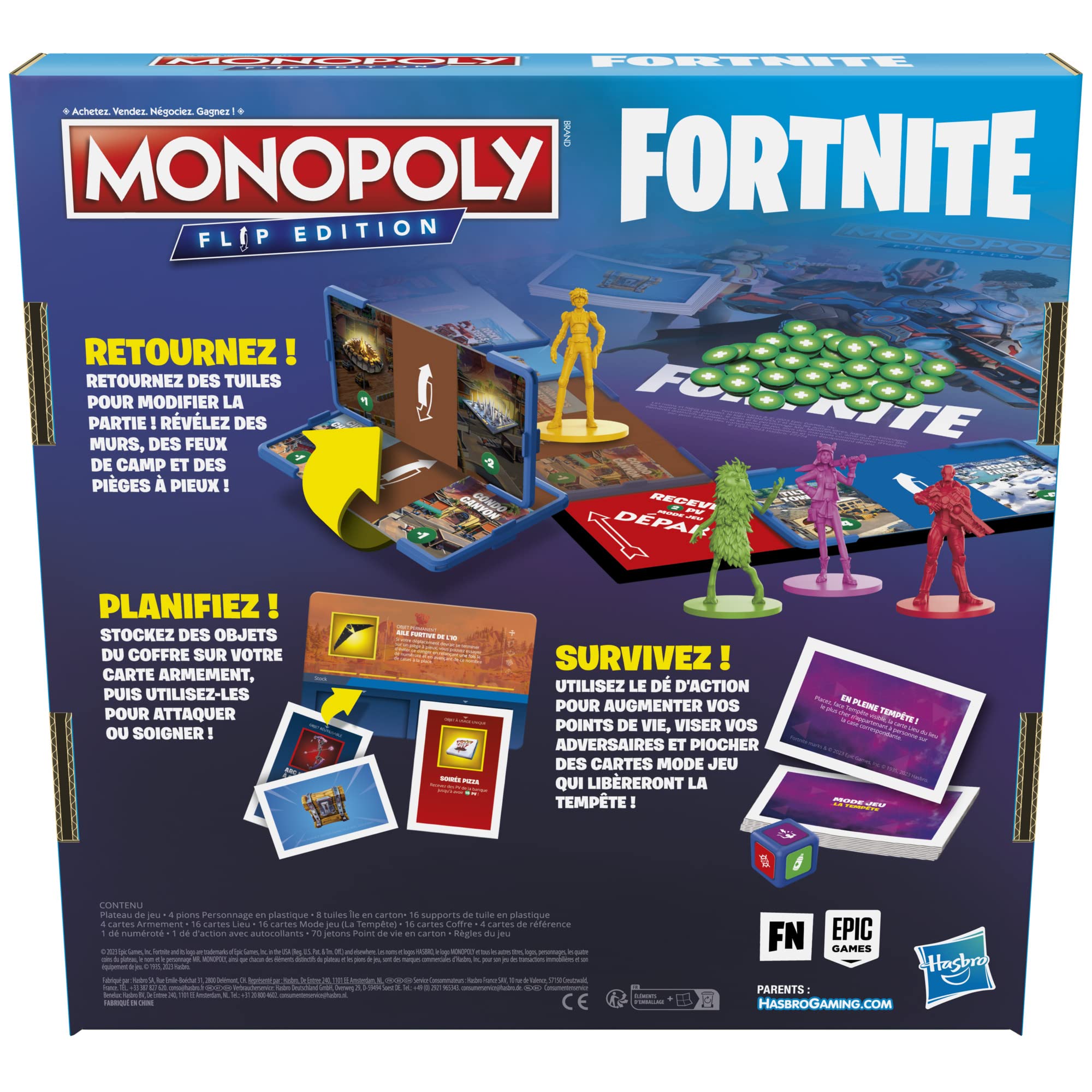 Monopoly Flip édition : Fortnite, Jeu de Plateau Monopoly inspiré du Jeu vidéo Fortnite, Jeux de Plateau pour Adolescents et Adultes