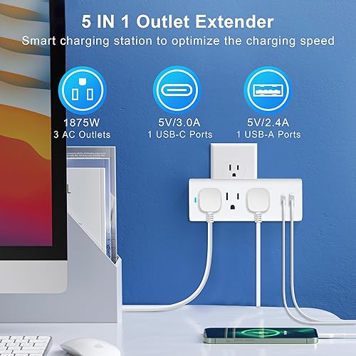 Miniatura 2 de Extensor de toma de corriente múltiple, 3 puertos AC+2 USB A y C con luz indicadora, estación de carga de 3 clavijas 15A125V1875W, grifo de pared de