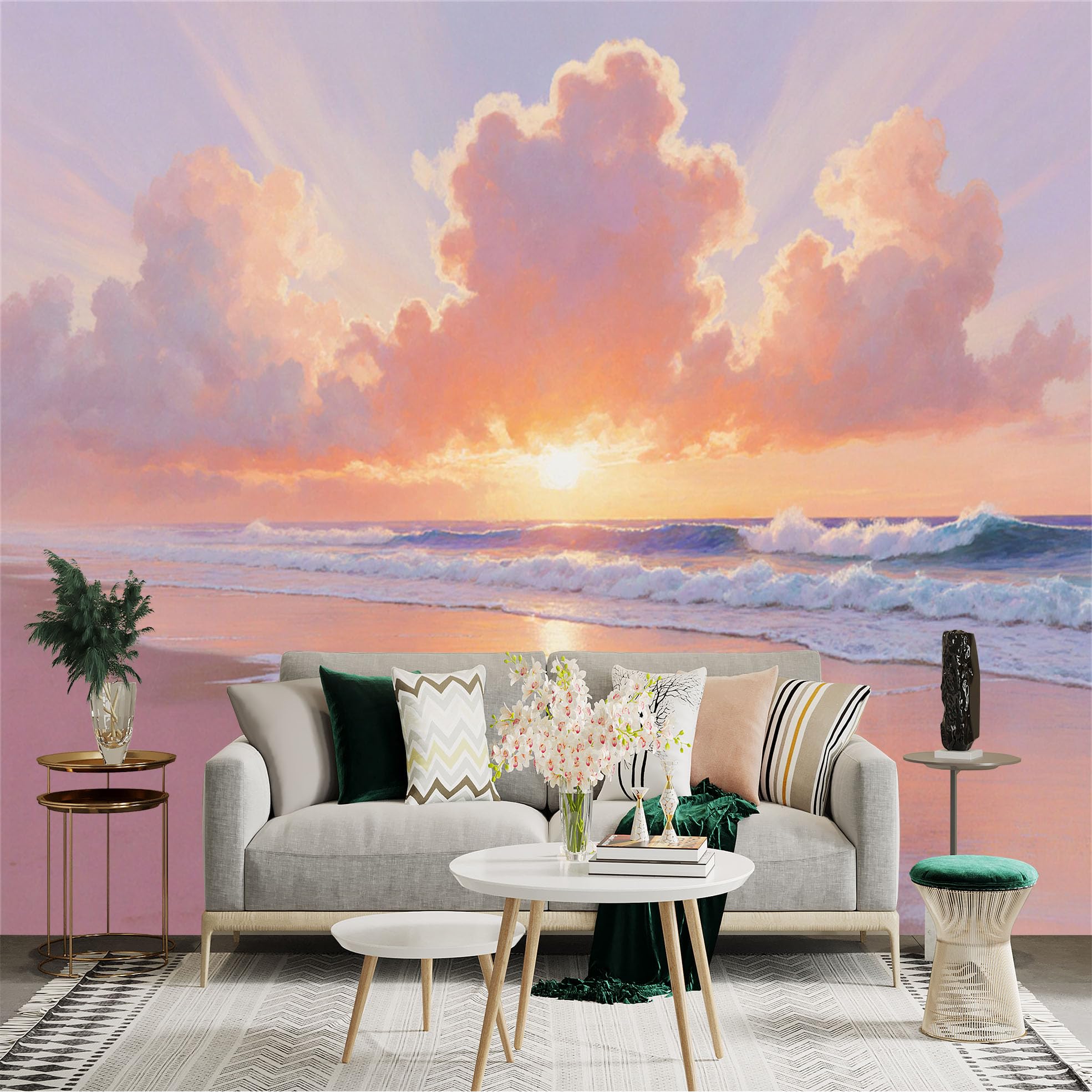 Custom Size Wall Sticker Mural， Dreamy Pastel Sunset Beach， Golden Ocean Waves， Romantic Soft Clouds， Aesthetic Seascape， for wall Decoration， peelandstick wall Decals.