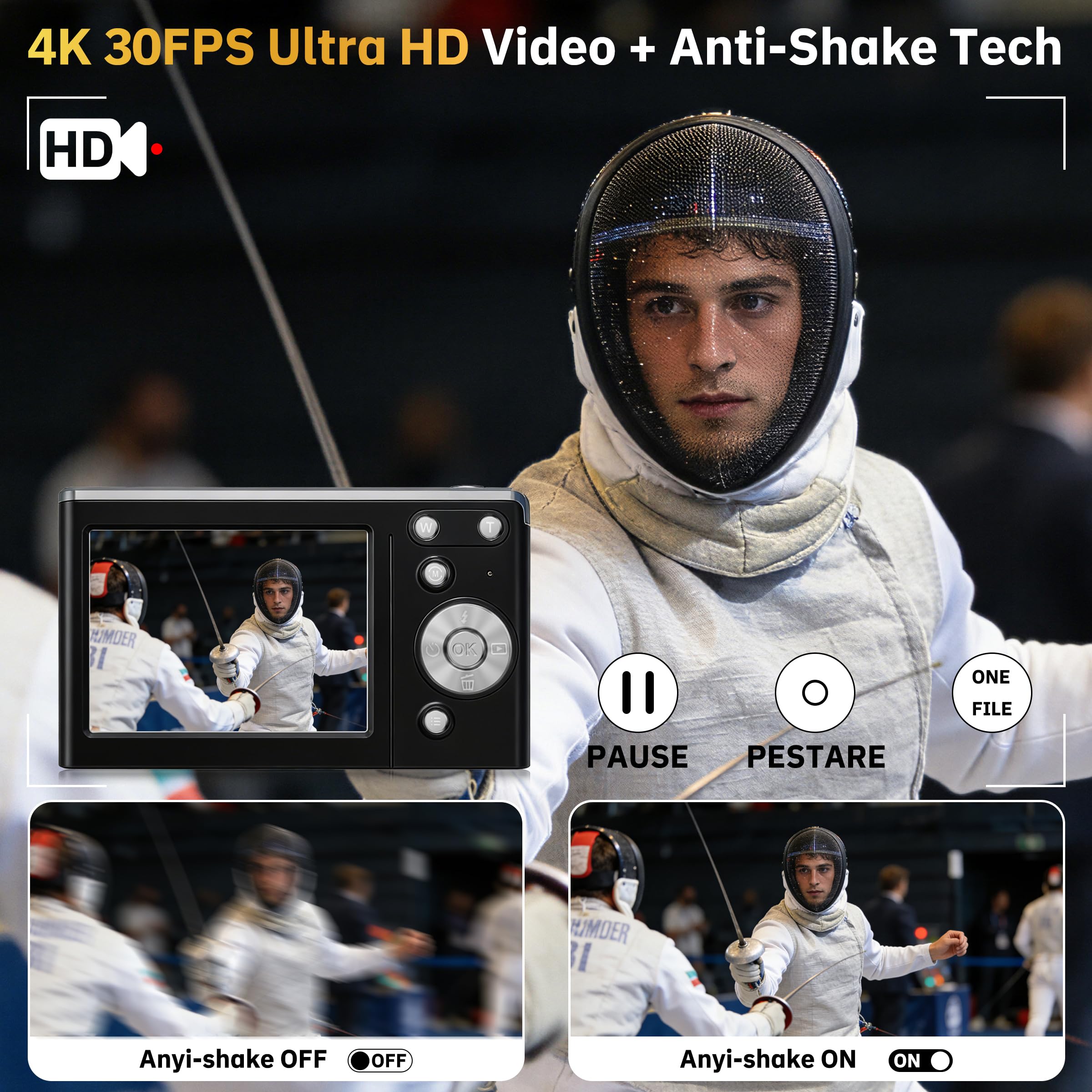 Fotocamera digitale 4K per fotografia autofocus, zoom 16x, fotocamera digitale compatta portatile da 50 MP, fotocamera compatta da viaggio per principianti con scheda da 32 GB, 2 batterie, colore nero