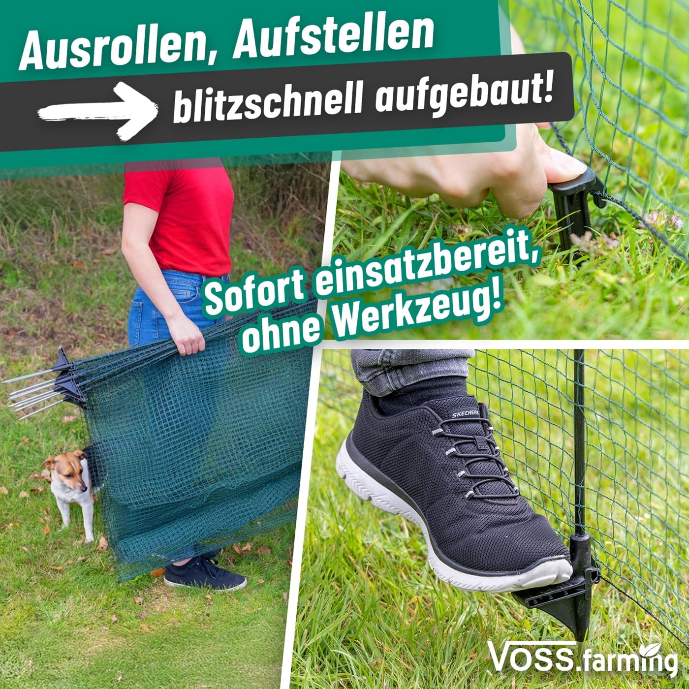 VOSS.farming Begrenzungszaun Classic ohne Strom, 20m, 120cm, 12 Pfähle, 1 Spitze, grün, Kleintiernetz, mobiler Zaun, Gartenzaun, für Garten, Haus, Hof