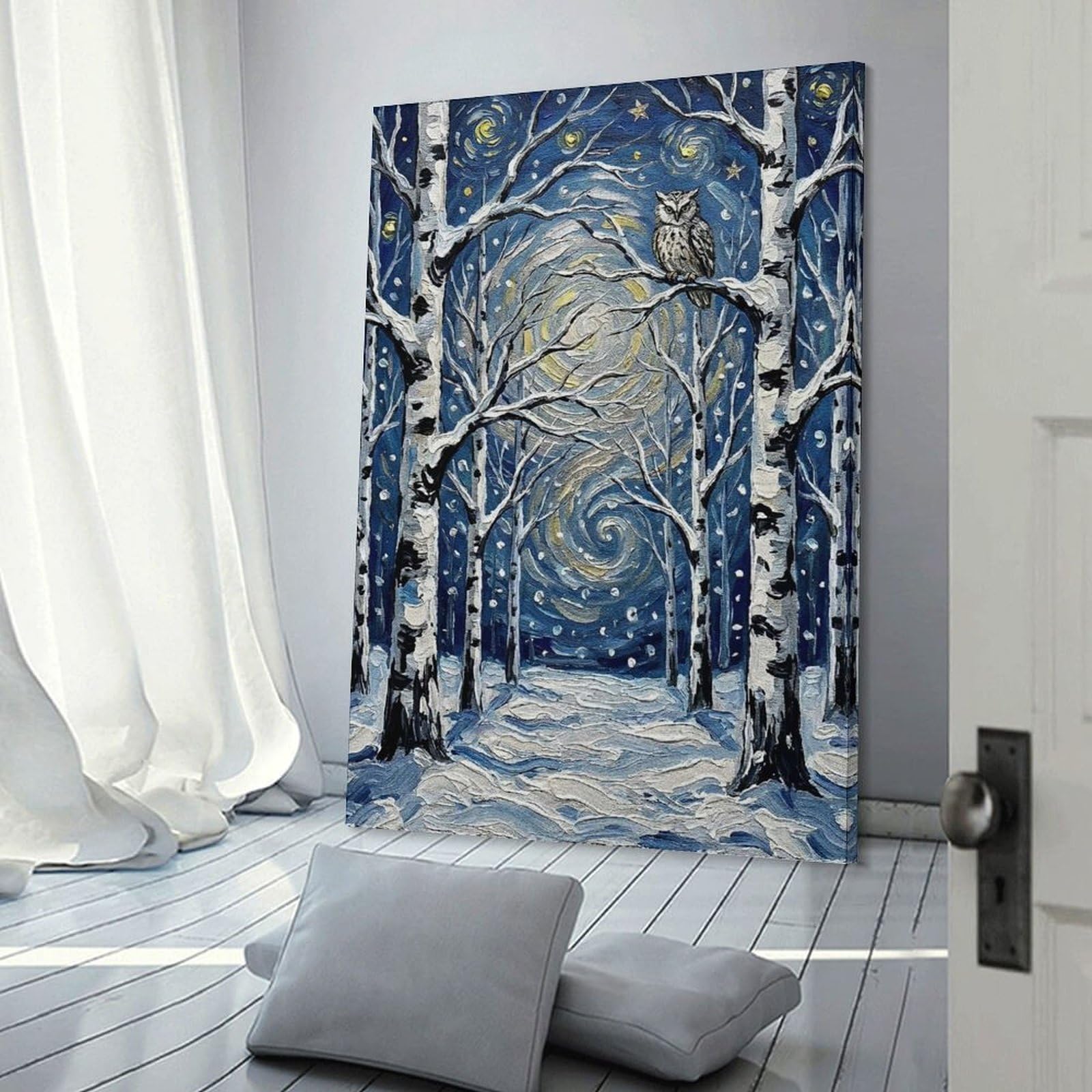Junmoney Winter Night Owl in Birch Forest Decorative Canvas Print, 24x36inch(60x90cm), for Home, Office, Studio Or Guest Room, Canvas Wall Art That Fits Changing Layouts