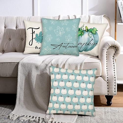 Miniatura 5 de Juego de 4 fundas de almohada azules de otoño de 18 x 18 pulgadas para decoración de otoño, calabaza y hojas de arce para exteriores, almohadas