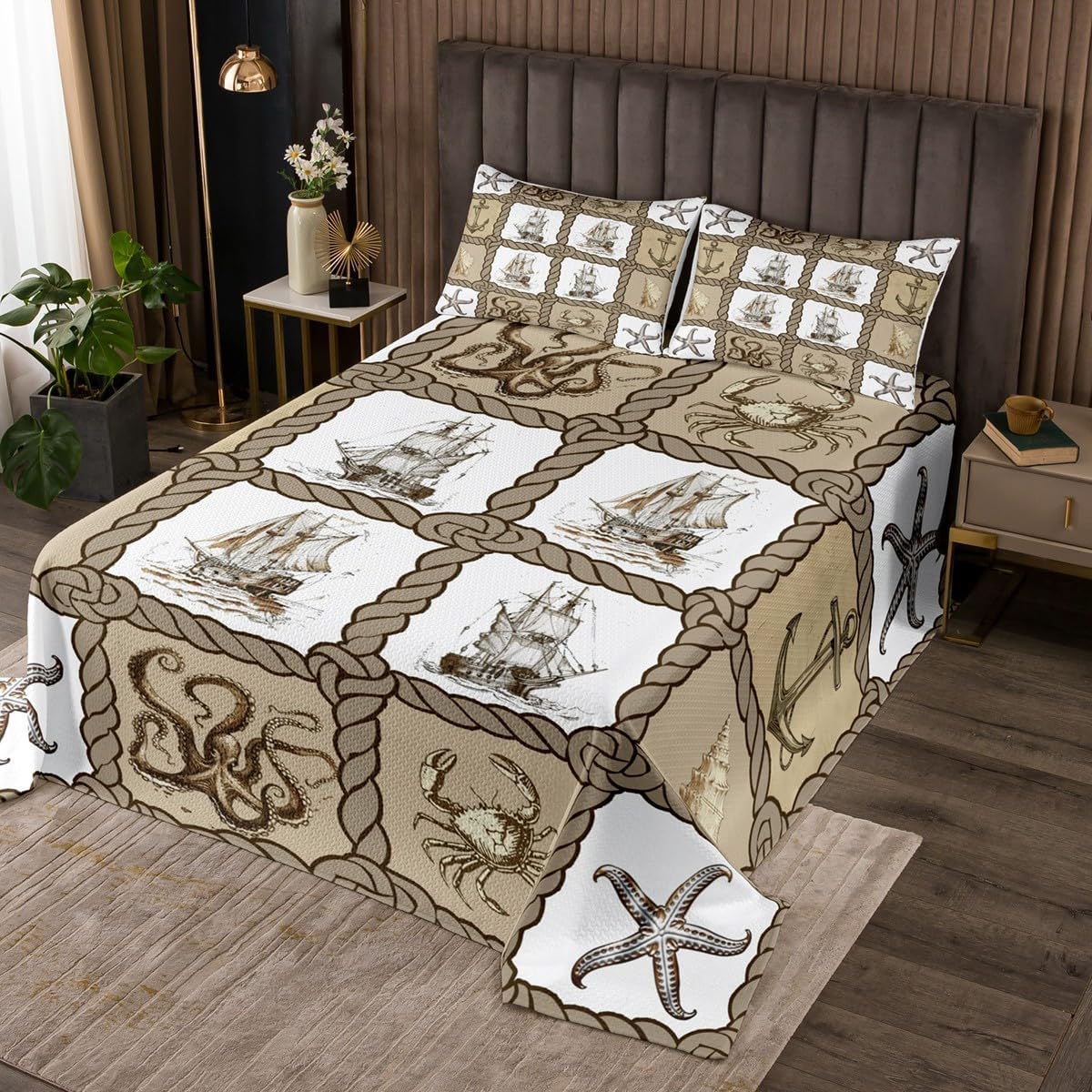 Homewish Anchor Sailboat Bedspread Queen Size,Nautical Adventure Retro Plaid Bedding Set for Kids Boys Girls Room Decor,Octopus Crab Starfish Sealife Quilt 3Pcs,Ocean Theme Coverlet Set,2 Pillowcases