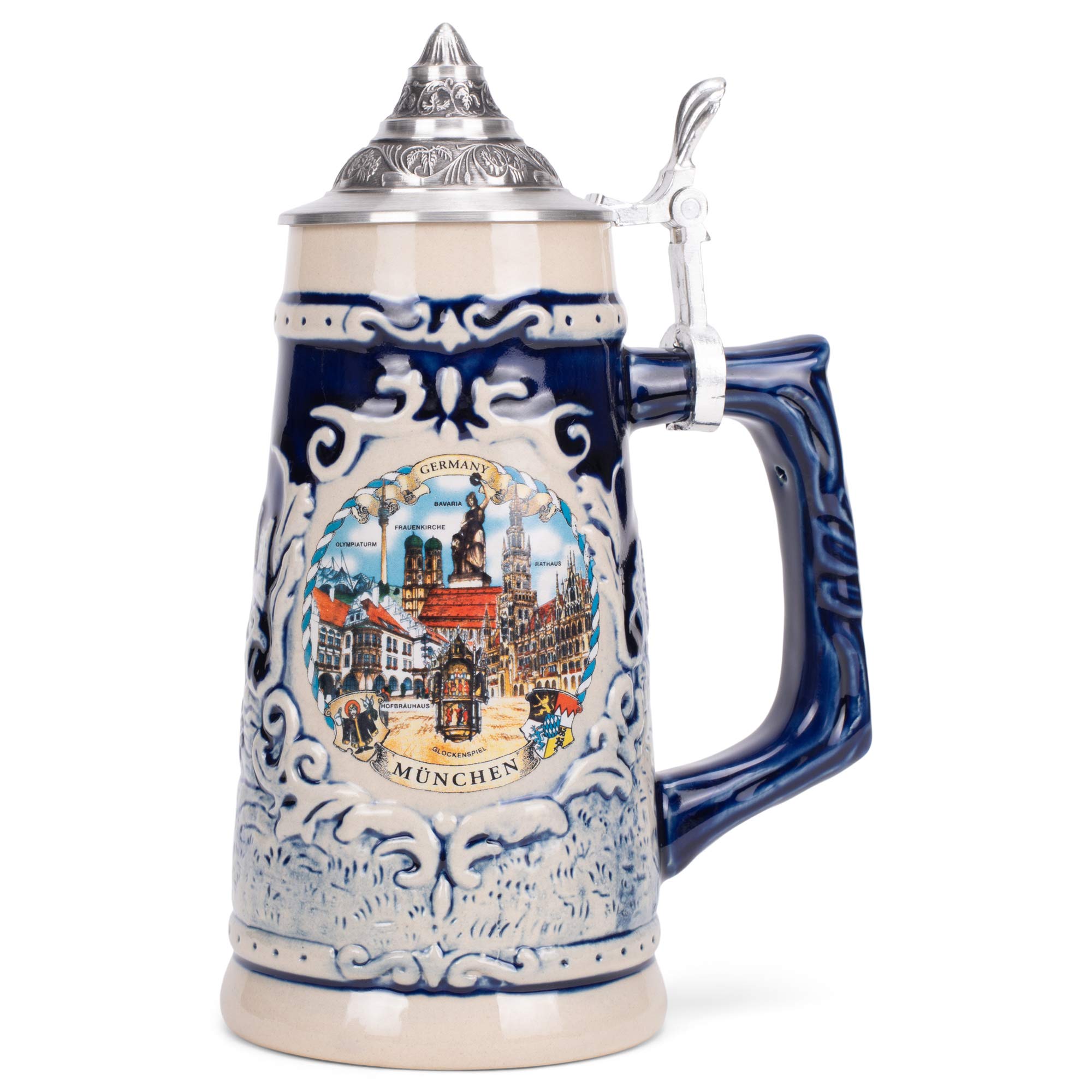 Germany Munich Stoneware Raised Relief Decorative Half Liter Beer Stein with Pewter Lid