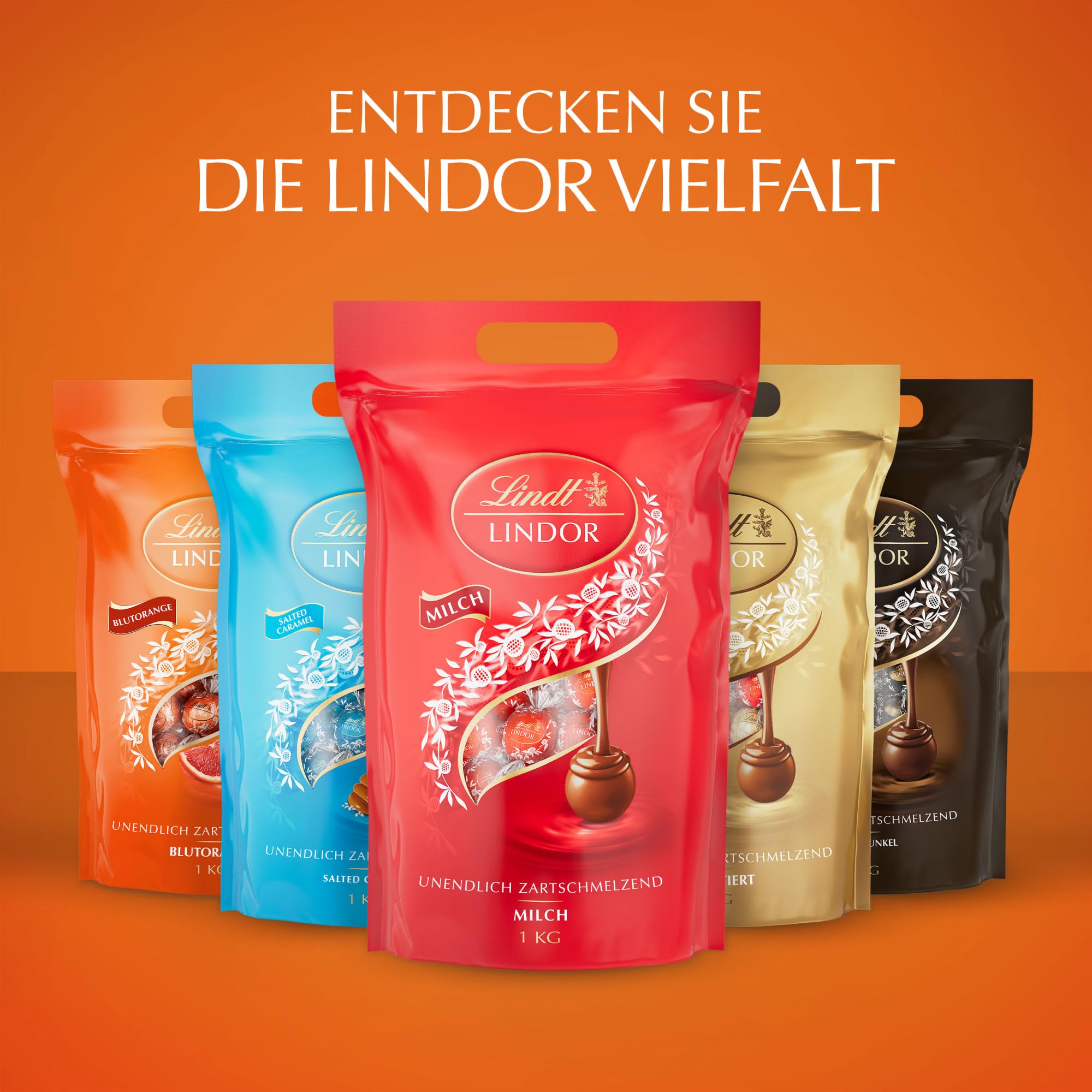 Lindt LINDOR Schokoladen Kugeln Blutorange | 1 kg Beutel, wiederverschließbar | ca. 80 Schokolade mit zartschmelzender Füllung | Großpackung, Pralinen-Geschenk