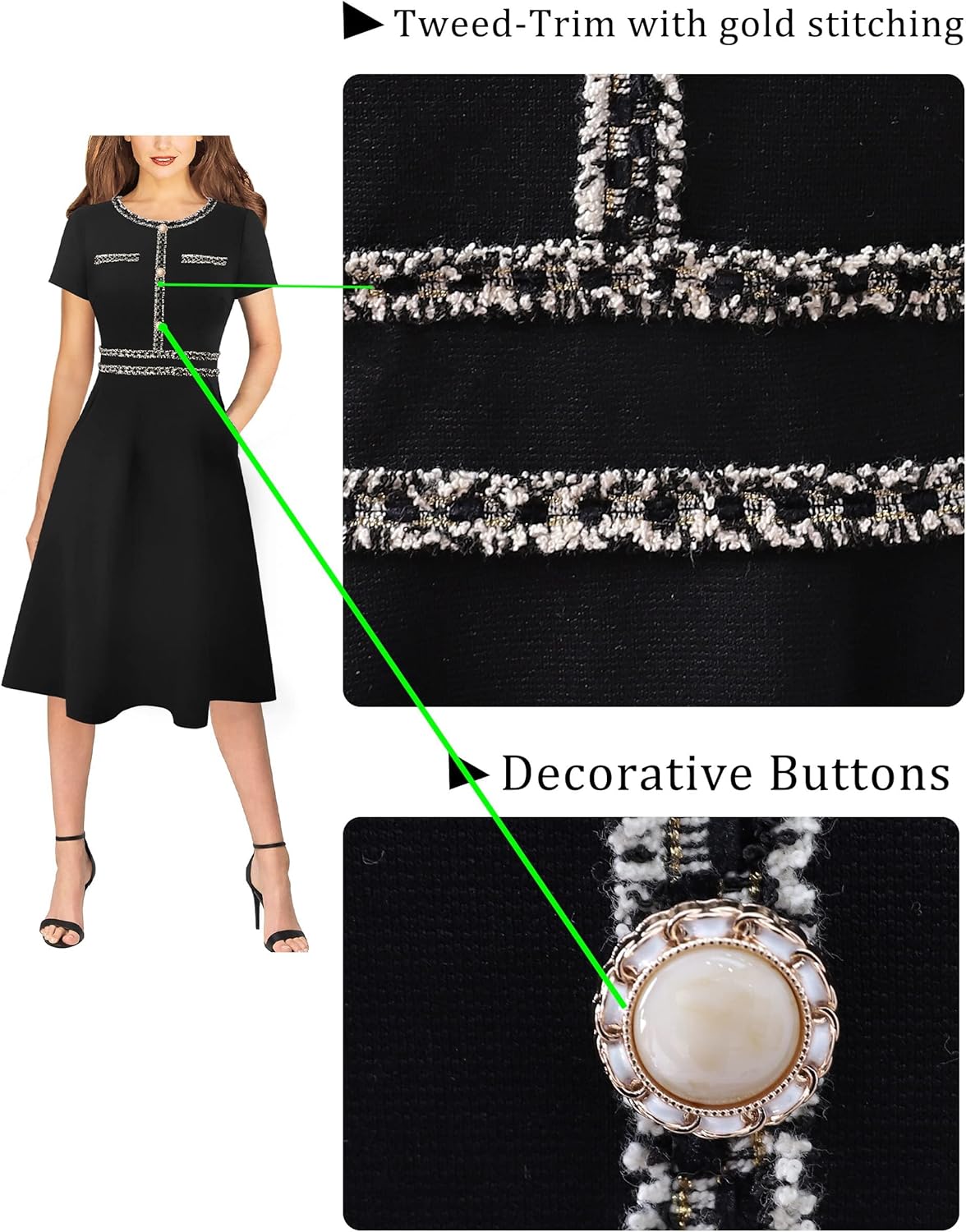 VFSHOW Womens Buttons Pockets Office Business A-Line Dresses Short Sleeve Work Crew Neck Tweed Trim Fit and Flare Swing Dress - Image 5