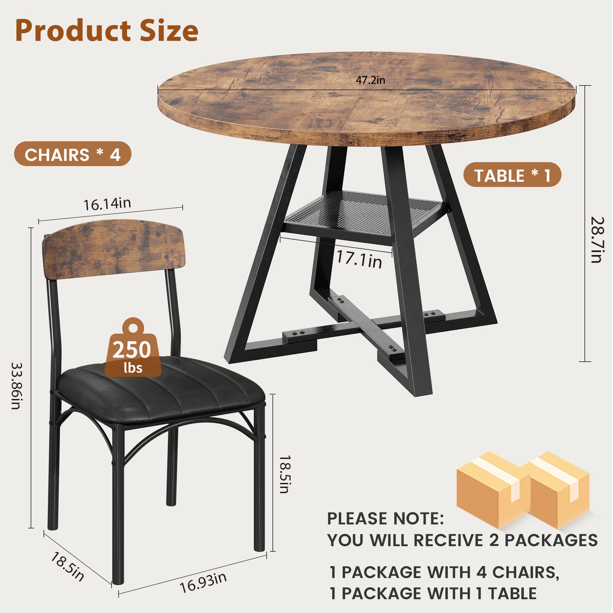 Jocoevol Runder Esstisch und 4 Esszimmerstühle Set, Essgruppe 5-Teilig, Esszimmertisch mit Ablage und 4 stühle für Küche, Wohnzimmer, Balkon, Restaurant, Büro (Vintage Braun, 120x120x76cm)