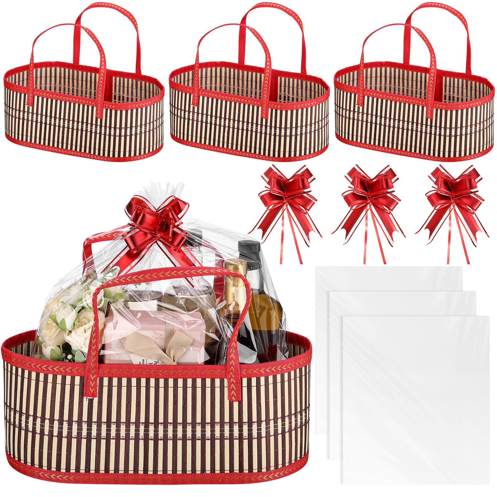 Reallnaive 3 juegos de cestas vacías grandes de bambú tejidas para Navidad, baby shower, fiesta de cumpleaños, cesta de regalo vacía con asas, 15.75 x 7.87 x 6.3 pulgadas, lazos y bolsas de celofán