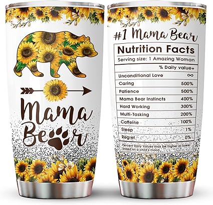 Mom Gifts, Birthday Gifts for Mom, Mama Bear Tumbler with Lid 20oz, Sunflower Mom Coffee Mug