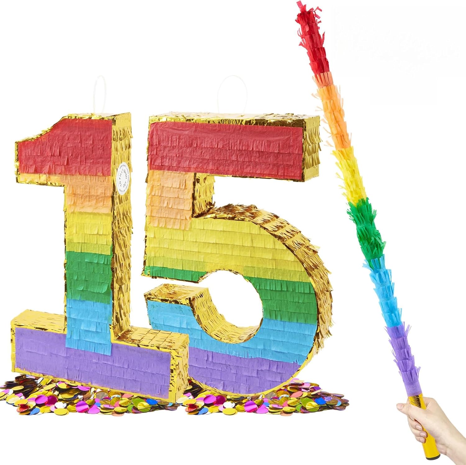 PCFING 20 Inch Number 1 Piñata Bundle with Number 5 Piñata Rainbow with 30 Inch Piñata Stick Blindfold Confetti for Boy Girl Kids Birthday Party Decorations, Anniversary Celebration, Fiesta