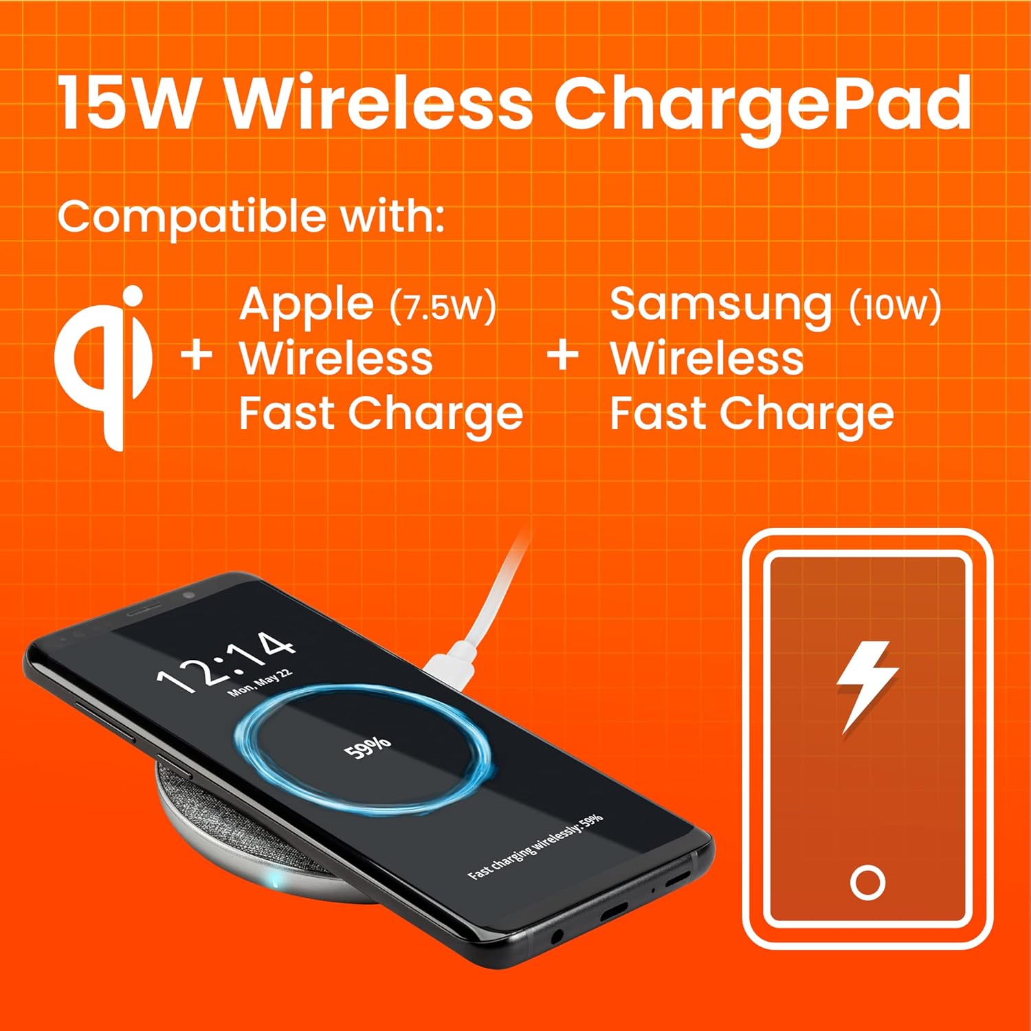 Diagram showing the Ventev 15W Wireless ChargePad compatibility with Apple (7.5W Wireless Fast Charge) and Samsung (10W Wireless Fast Charge) devices.