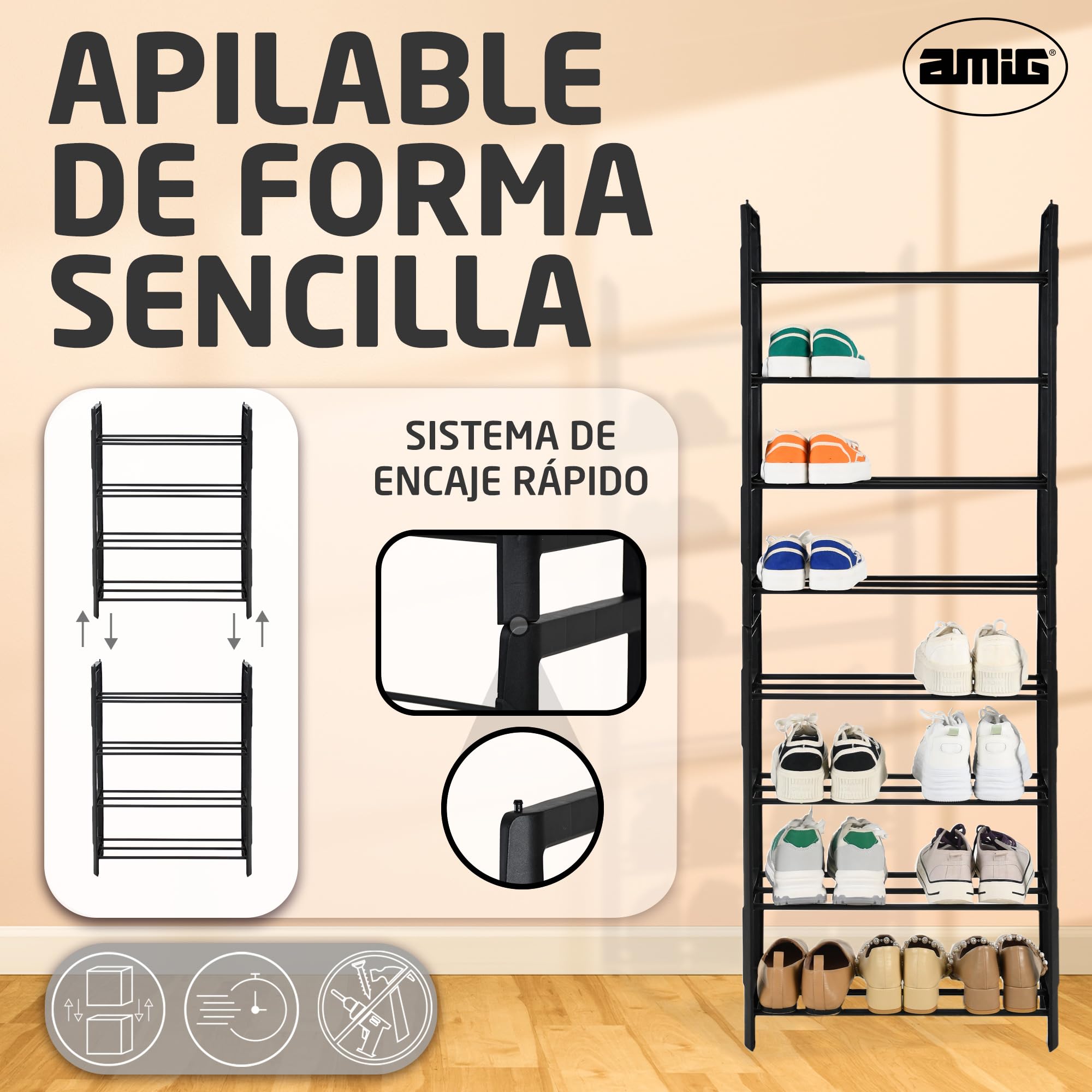 Amig 4-poziomowy regał na buty Zikan | 50 x 19 x 64,5 cm | metal i tworzywo sztuczne | czarny | modułowy stojak na buty i możliwość układania w stos, organizer na 12 par butów