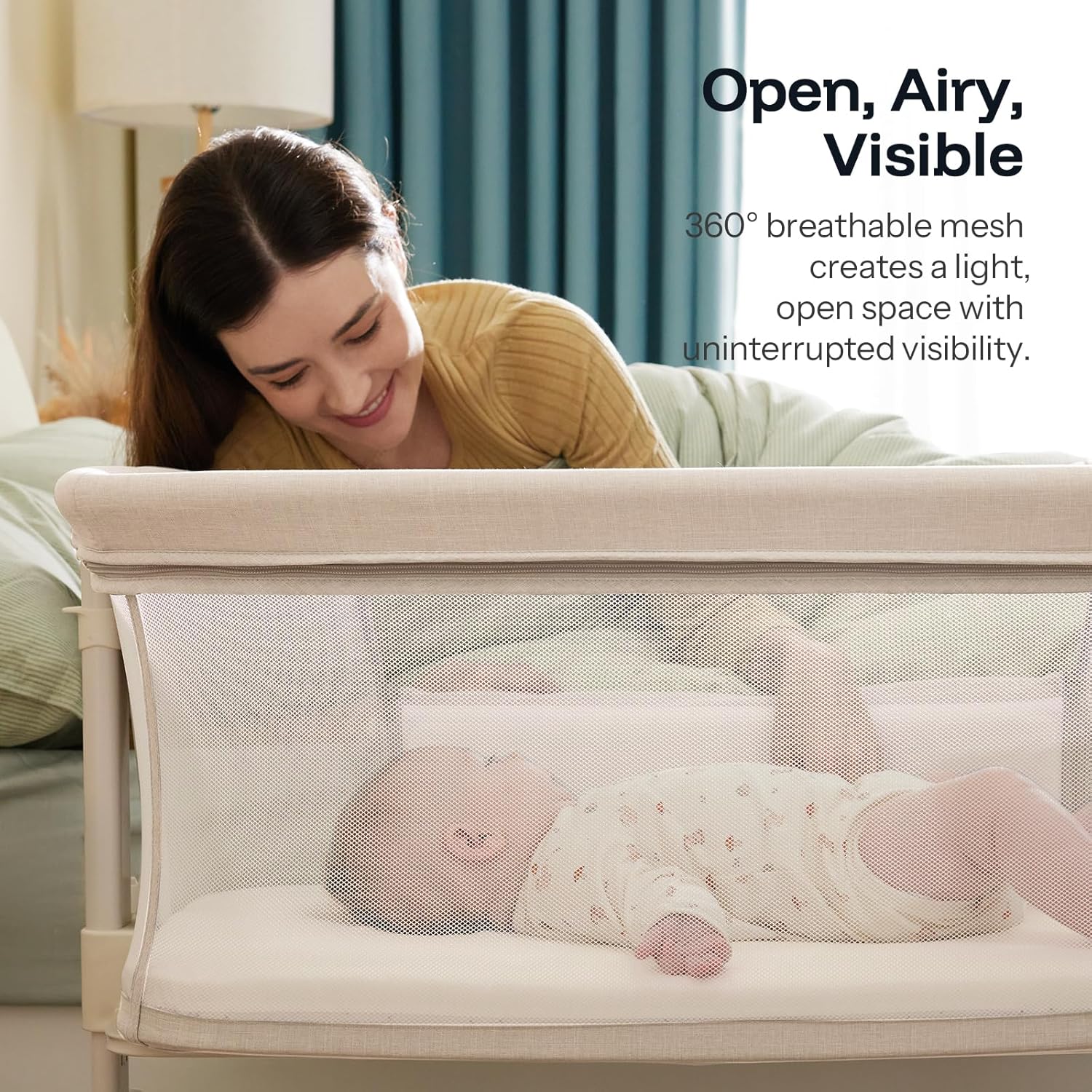 HARPPA Cuddly Bassinet, 2 in 1 Baby Bassinet with Breathable Mesh and Mattress, 6 Height Adjustable, Bedside Sleeper with Anchor Strap, Storage Basket and Wheels, Sand Cream