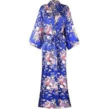 Womens Long Kimono Robes Silky Floral Bathrobe with Blossoms Printed Bridesmaid Wedding Nightgown