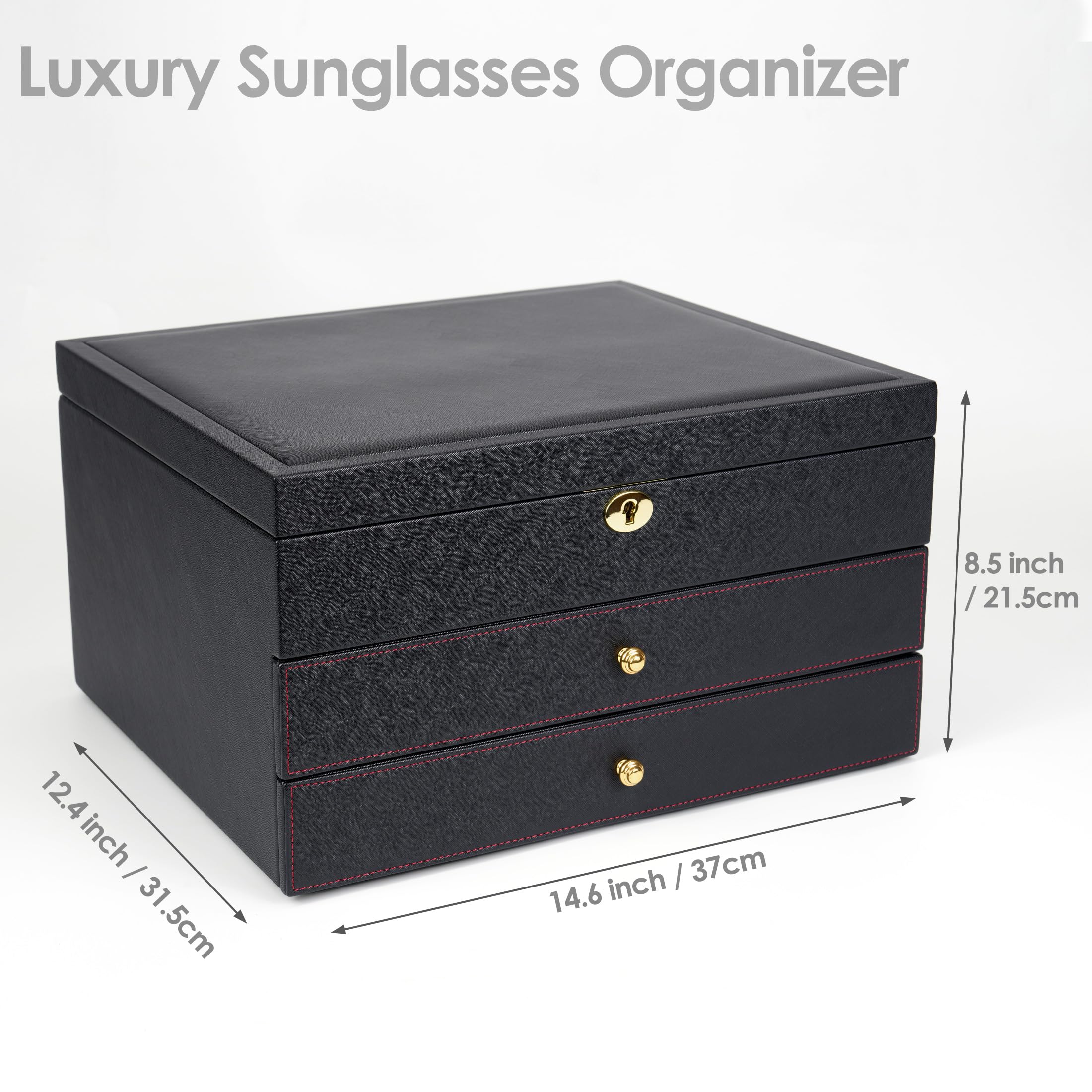 Luxuriöses Sonnenbrillenetui, 3-lagig, 24 Schlitze, Brillen-Organizer, Brillenaufbewahrungsbox für Damen und Herren, PU-Leder mit Spiegel (schwarzes PU)