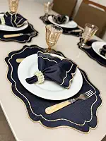 Kit Jogo Americano Realeza Com Guardanapo Bordado Mesa Posta Sousplat (Azul Bord Dourado, 4 Peças)