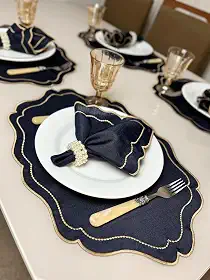 Kit Jogo Americano Realeza Com Guardanapo Bordado Mesa Posta Sousplat (Azul Bord Dourado, 4 Peças)