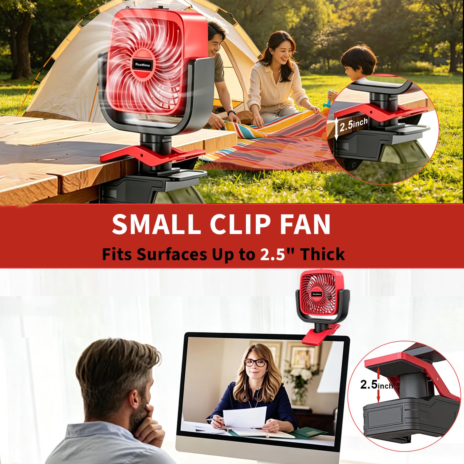 Roadtime Ventilateur à clip sans fil pour Milwaukee 18V (sans batterie) | 4 pouces, ventilateur portable à clip, 3 vitesses, angle d'inclinaison réglable, pour camping, voyage, chantier