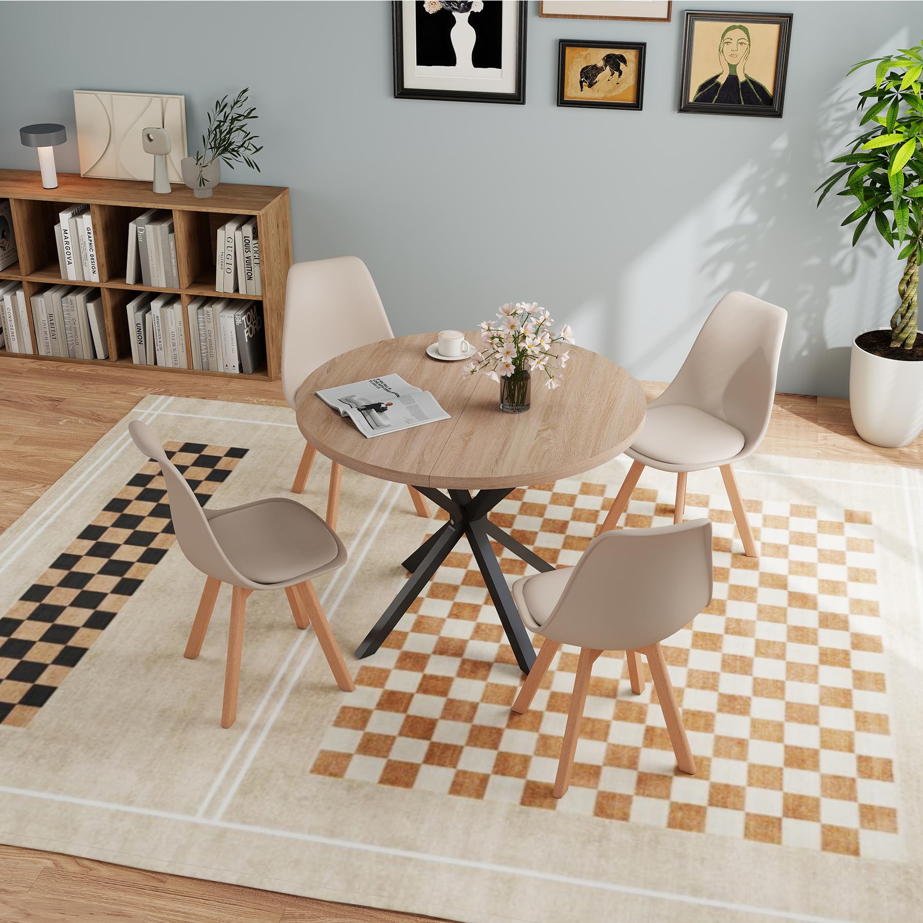 Mesa de Comedor con 4 Sillas, Juego de Comedor, Mesa de Comedor Redonda de Madera de 100 * 100 * 75 cm, 4 Sillas con Respaldo Alto, Patas de Madera de Haya, (Marrón Claro +Caqui)