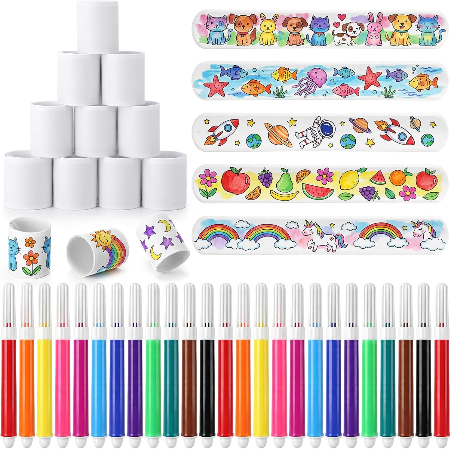 Vinsot White Slap Bracelets DIY Painting Kit White Slap Wristband Blank Bulk Crafts and Colored Brushes, Snap Band Party Favors for DIY Projects Goodie Bag Stuffers Birthday Gift