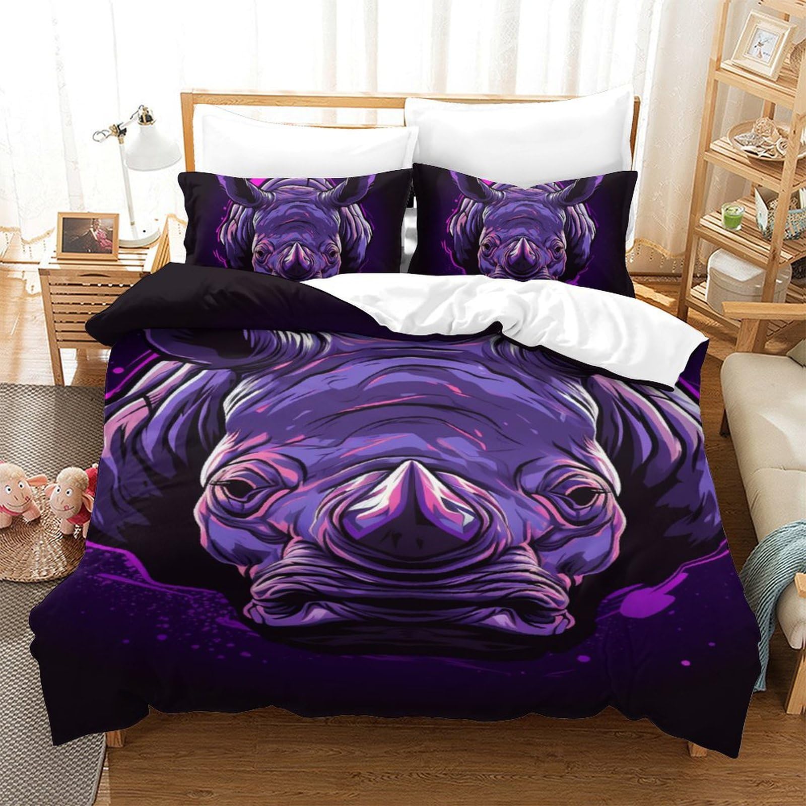 Housse couette rhinocéros 3D microfibre douce lit single ado enfant 140x200