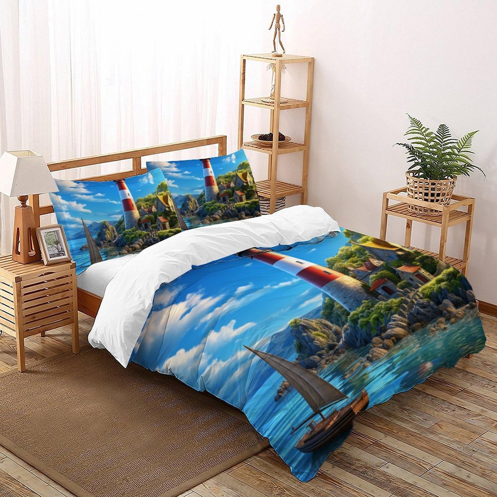 Faro della spiaggiade Ropa De Cama 3D Niños 3 Piezas Microfibra 2 Funda De Almohada CremalleraSuper King（260x220cm）