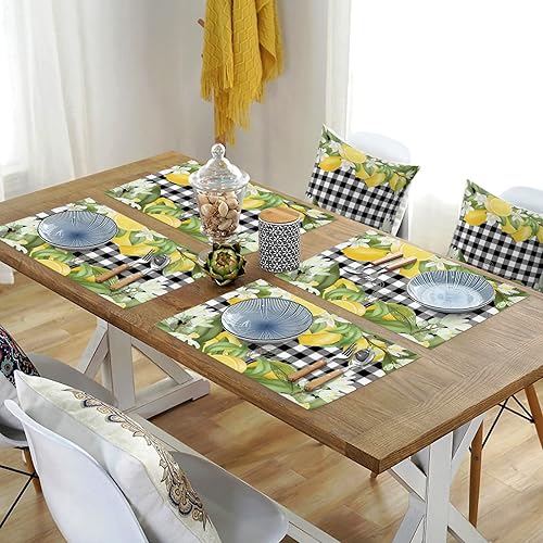 Miniatura 4 de Juego de 4 manteles individuales de verano con diseño de limón, lavables, de PVC, color negro y blanco, a cuadros amarillos, manteles individuales