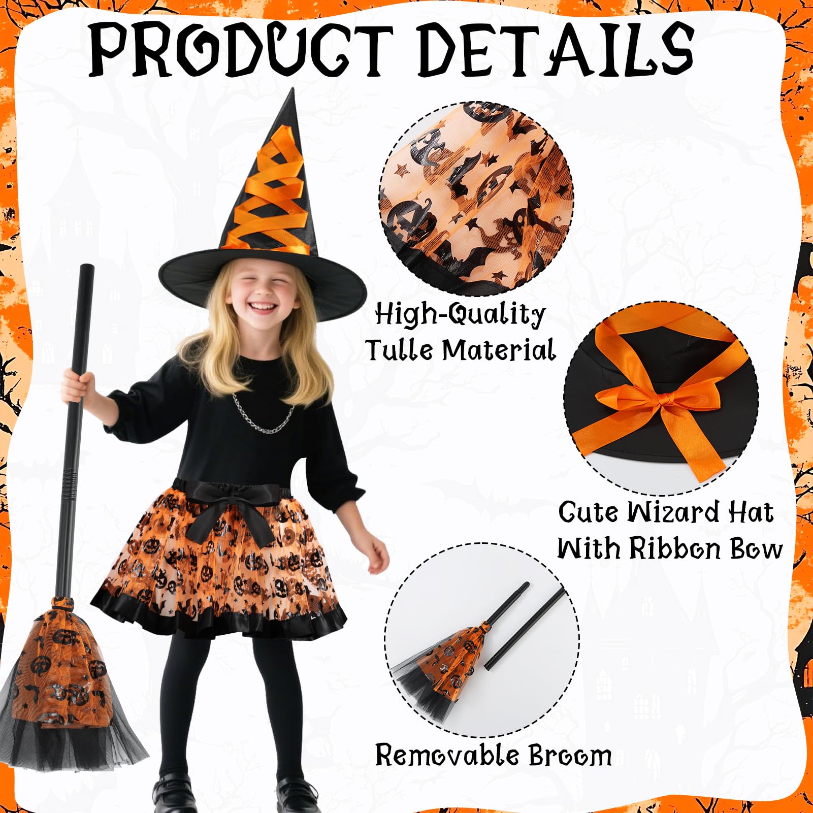 Halloween Witch Costume Toddler Girls Witch Tutu Skirt Set including Hat Broom Tutu Costume for Halloween Themed Parties (Orange) - Image 3
