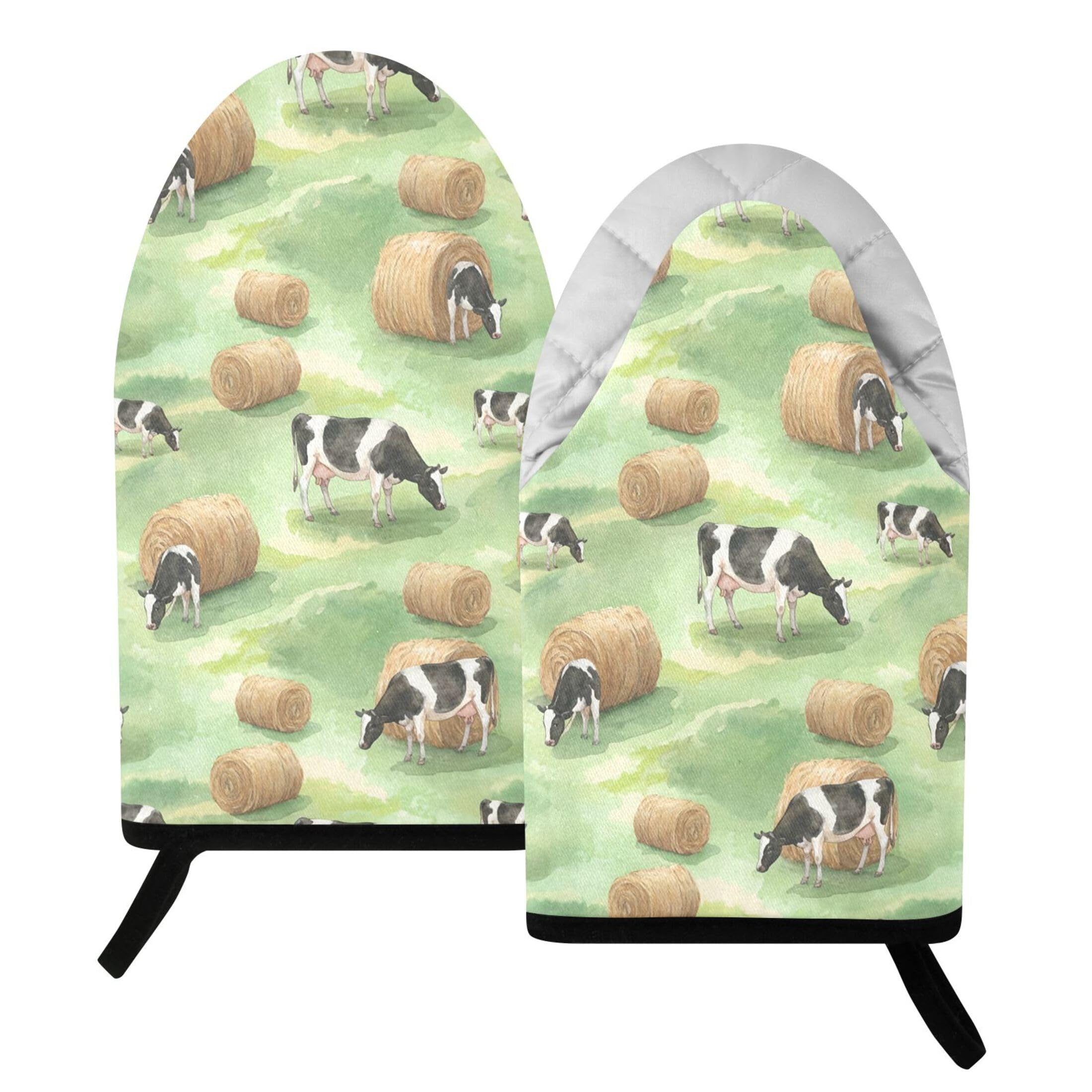 Kutsu Milk Cows Oven Mitts for Kitchen, Heat Resistant Cotton Oven Gloves for BBQ Baking Cooking, Breathable Kitchen Essentials, 2 pcs
