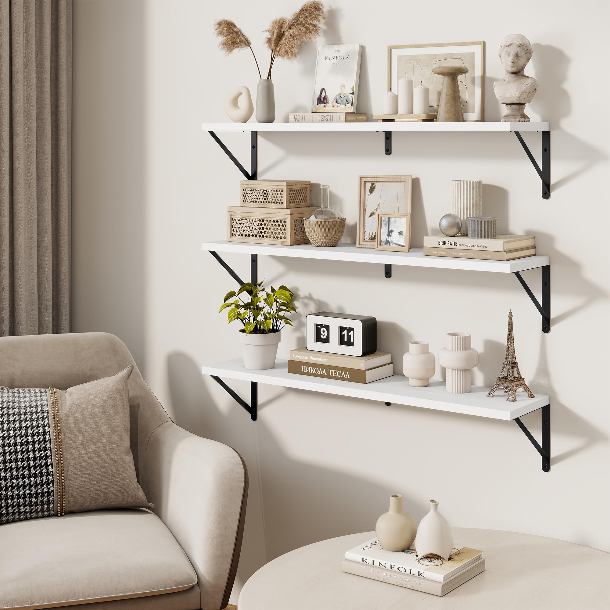 Feihorrm Juego de 3 estanterías de 90 cm para Pared, de Madera, Color Blanco, para salón, Dormitorio y Estudio