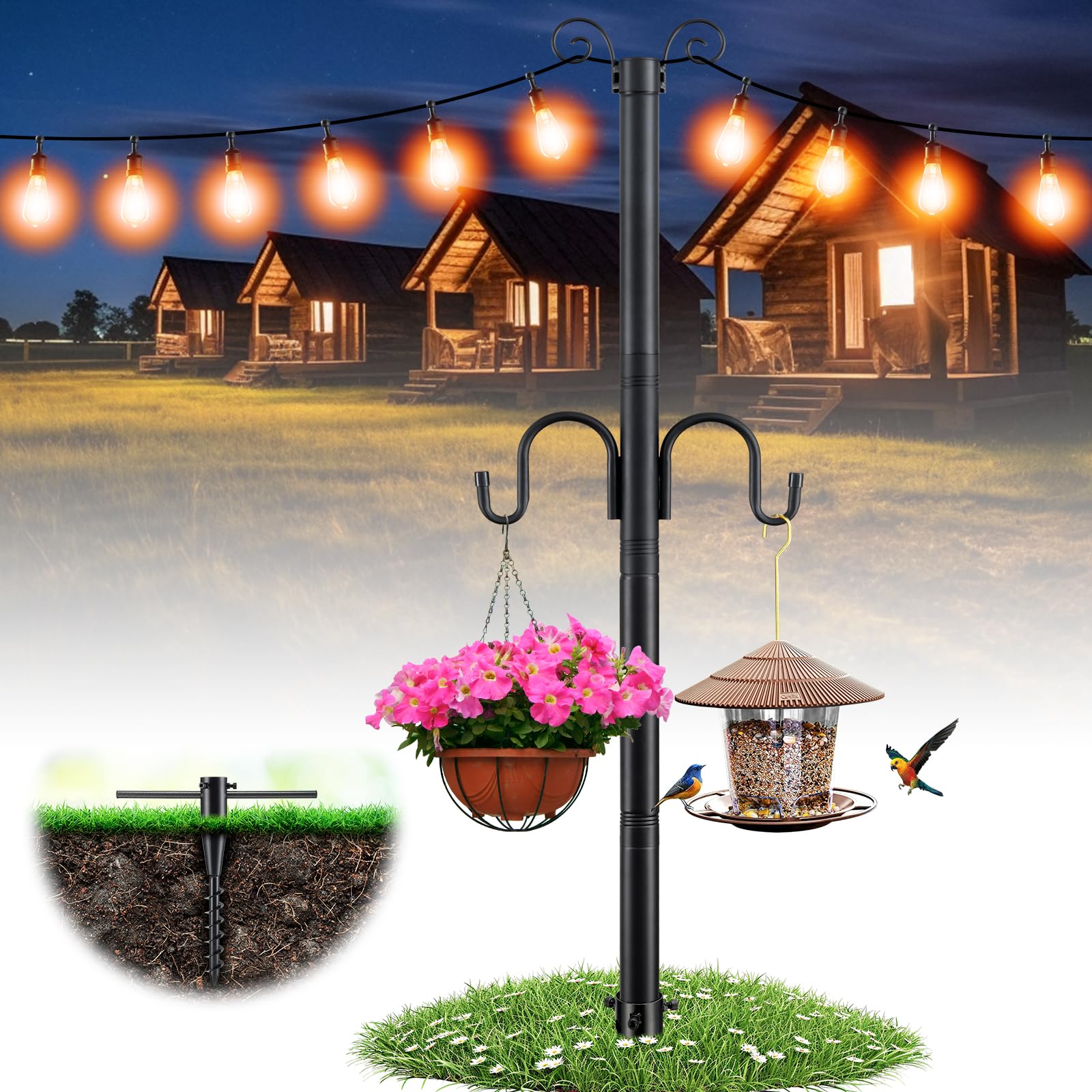 String Light Poles for Outside with Shepherds Hooks 9FT Metal Poles Stand for Outdoor Decor Light Hanging Pole with 6-Spiral Anchor for Garden Backyard Wedding Party Camping Holiday-image-42