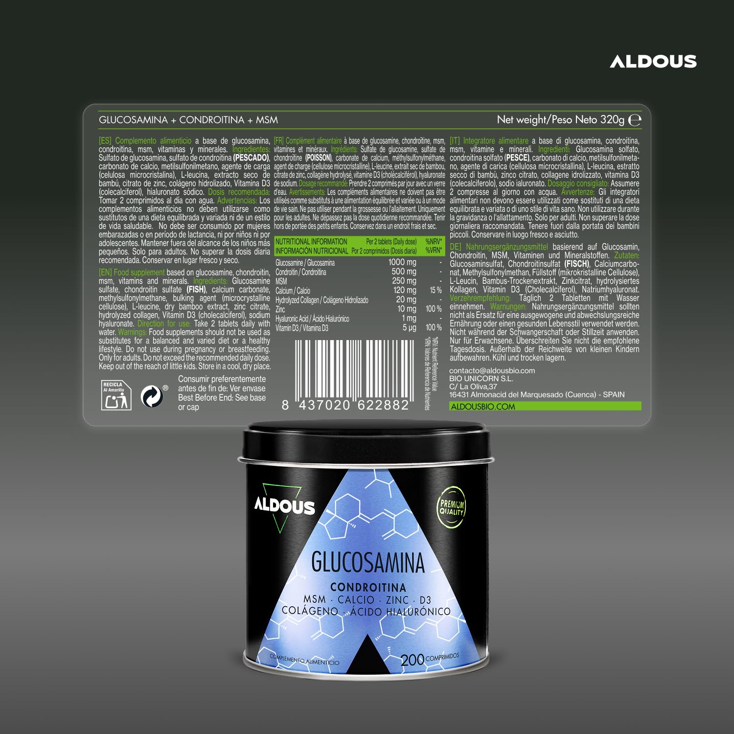 Glucosamine Chondroïtine MSM - 200 comprimés XL - Collagène, Acide Hyaluronique, Zinc, Calcium et Vitamine D3 - Anti-inflammatoire naturel - Pour les os et les articulations - Sans plastique - ALDOUS