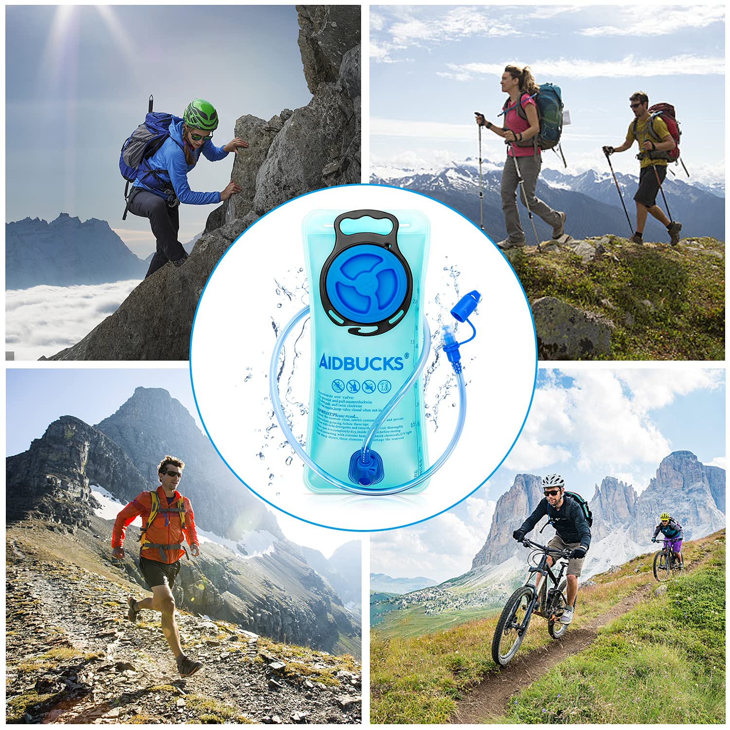 AIDBUCKS 2L Sacca Idratazione Sacca del' Acqua Sistema di Idratazione Vescica Portatile con Valvola Mordente - BPA Gratuito Antibatterico per Zaino Idratazione, Ciclismo, Escursionismo, Camminata