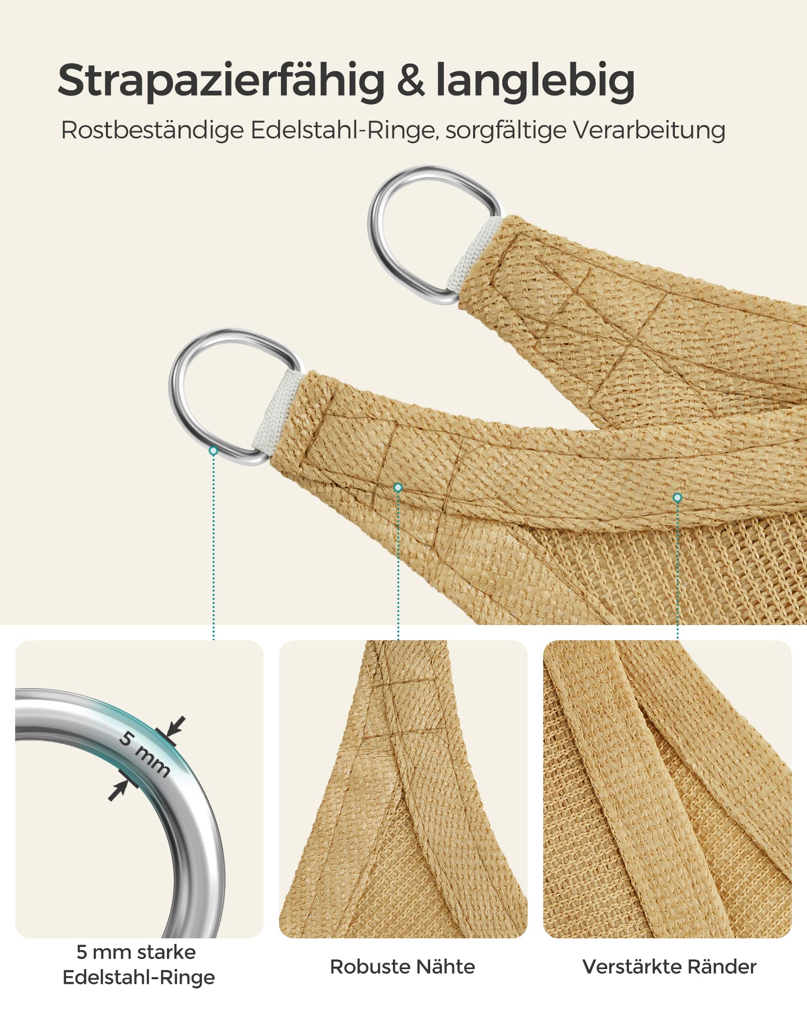 SONGMICS Sonnensegel 3 x 4 m, Sonnenschutz aus HDPE-Gewebe, luftdurchlässig, wasserdurchlässig, für Terrasse, Garten, Balkon, Camping, rechteckig, konkav, 2 m Seile, sandgelb GSS34EYV1