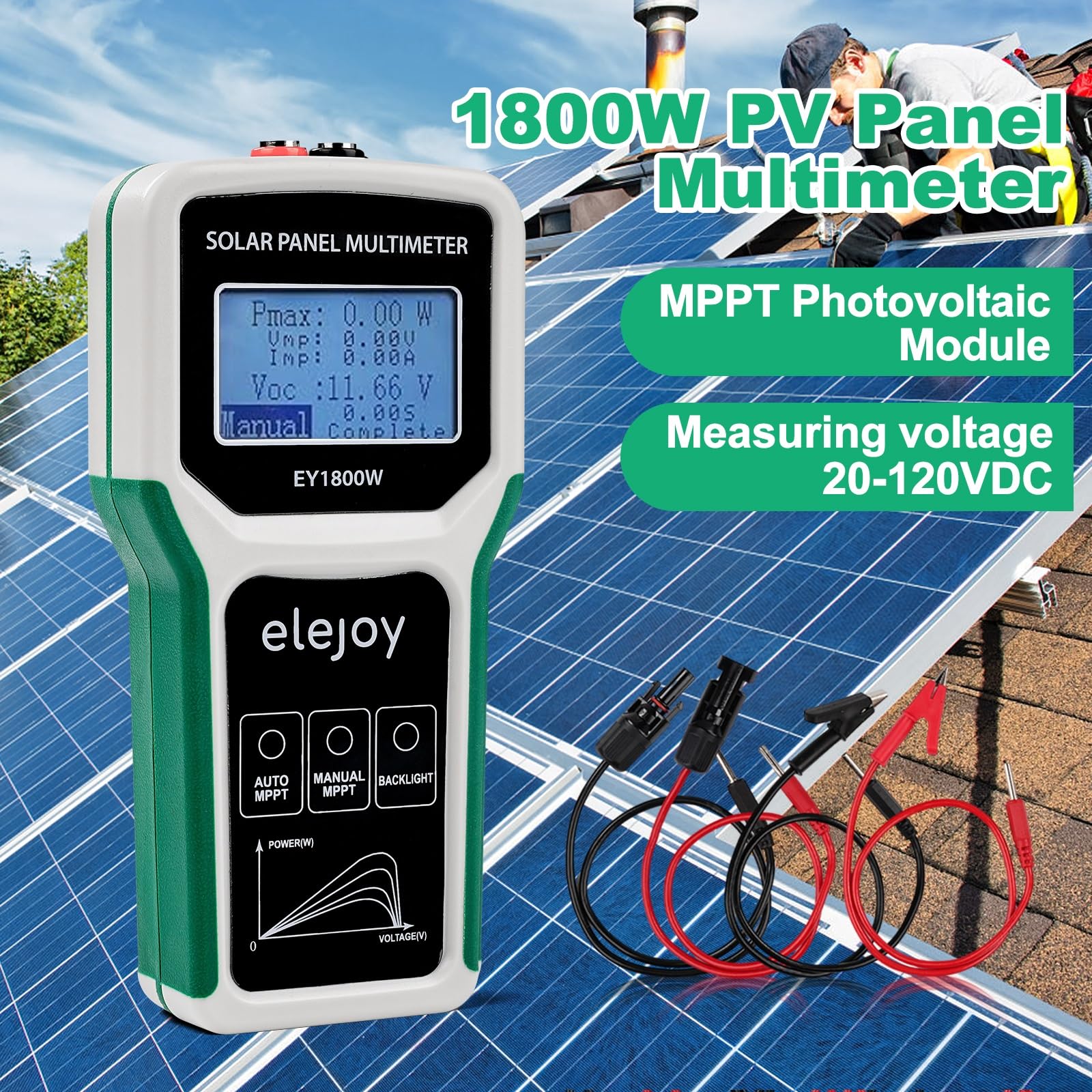 1800W Fotovoltaico Pannello Solare Tester MPPT, Multimetro Pannello Fotovoltaico Tester per Pannelli Solari con LCD Ultra Chiaro, Protezione da sovrapressione, sovratemperatura e sovracorrente